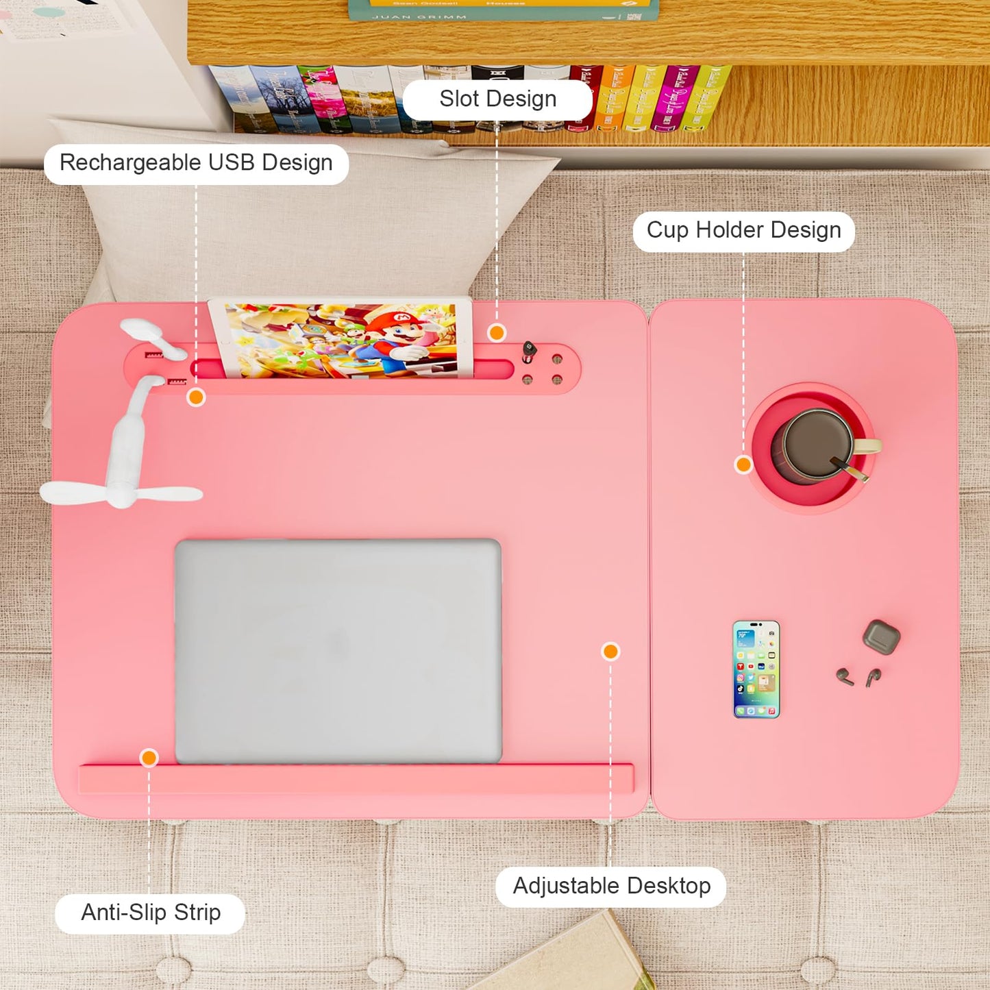 Laptop Desk for Bed, Adjustable Laptop Stand with 5 Adjustable Angles, Portable Lap Tray Table with USB Charge Port and Cup Holder, Laptop Bed Desk Tray for Eating Working (Pink)