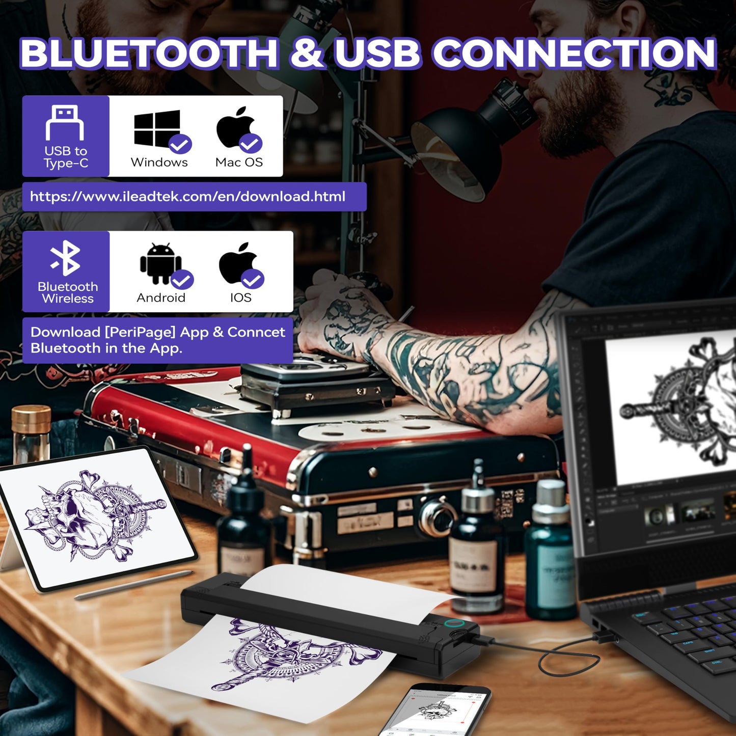 PeriPage P90 Wireless Tattoo Printer,Thermal Tattoo Machine with Tattoo Stencil Paper,Portable Tattoo Printer Compatible with Phone,Pad & PC