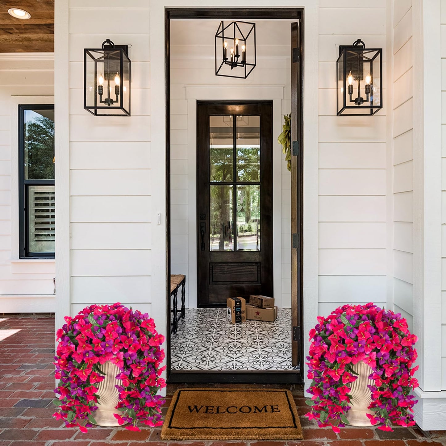INXUGAO 2 pcs Artificial Faux Bougainvillea Flowers Plants for Outdoor Outside Summer Decoration, Fake Silk UV Resistant Long Trailing Vines for Front Door Porch Planter Balcony (Rose Deep Lotus)