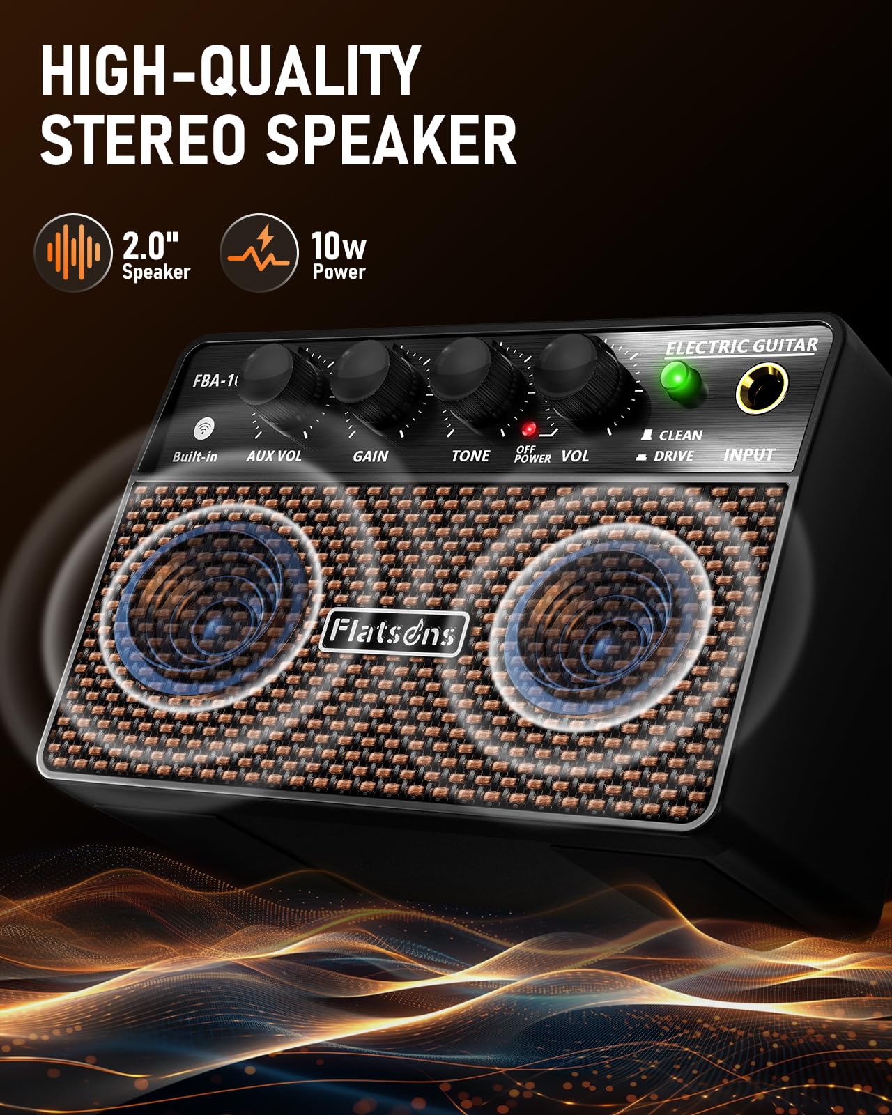 FBA-10 Guitar Amp, 10W Mini Electric Guitar Amplifier with Clean/Drive Channel, 6H Working, USB-C Rechargeable, 3.5mm Headphone/AUX Jack, Wireless Portable Amp for Indoor Practice, Traveling