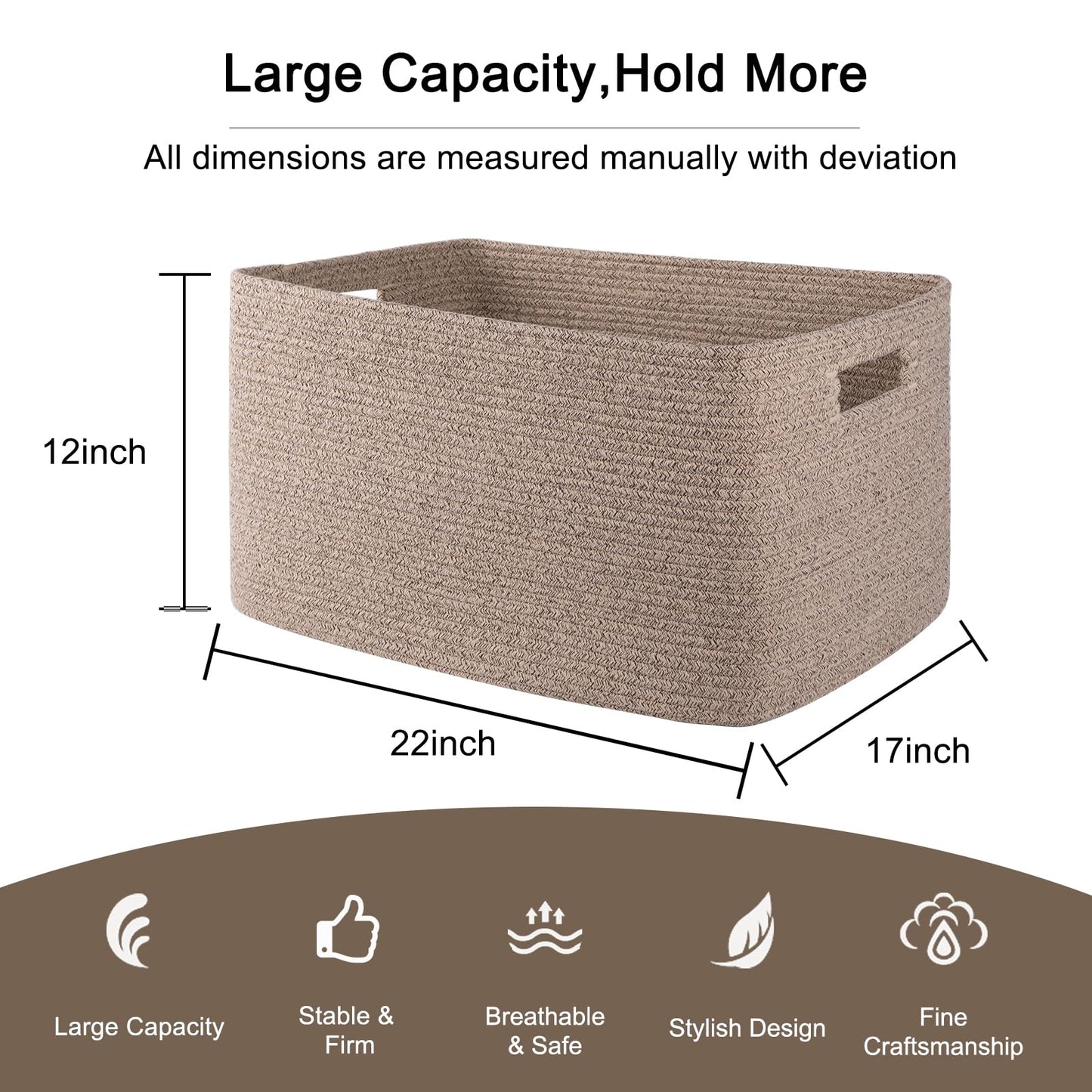 OIAHOMY 70L Large Cotton Rope Basket 22”x17”x12”, Woven Nursery Laundry Blanket Basket,Storage Basket with Handle,Brown variegated