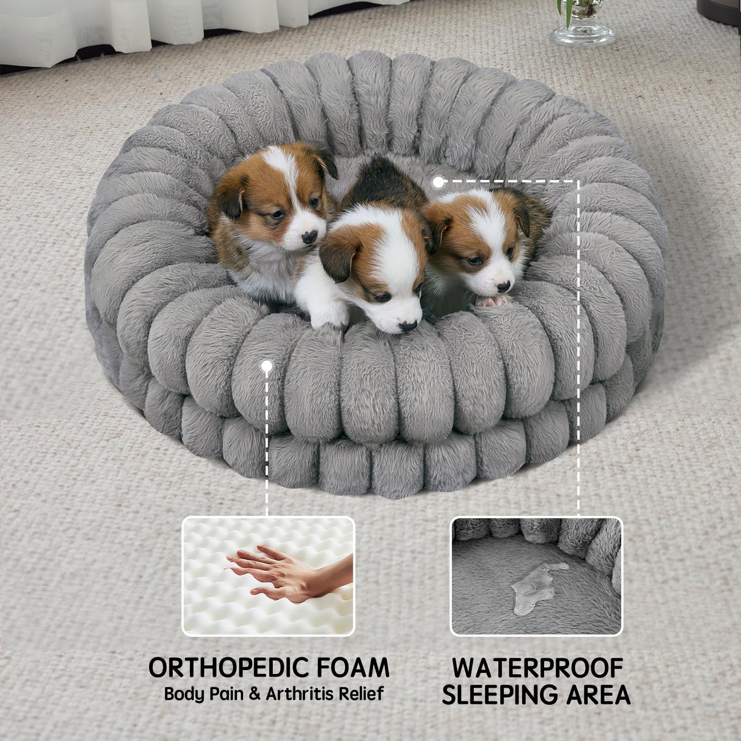 BALANCE Luxury Donut Dog Bed, 23 Inches Round Dog Beds for Small Dogs Washable, Orthopedic Calming Pet Bed for Puppy and Cats with Anti-Slip Bottom, Gray