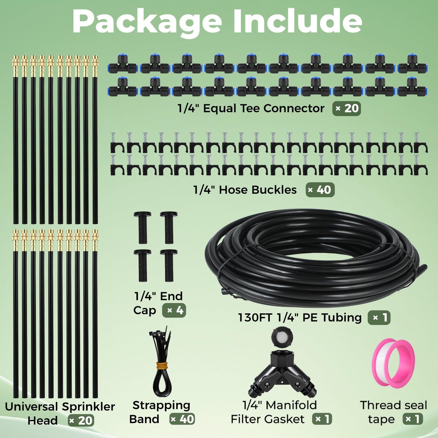 130FT Drip Irrigation System for Garden: 20 Nozzles 1/4" PE Tubing Automatic Watering Kit Adjustable Misting Sprinkler Mister Hose for Water Plants Tape Raised Beds Lawn Outdoor Yard Greenhouse