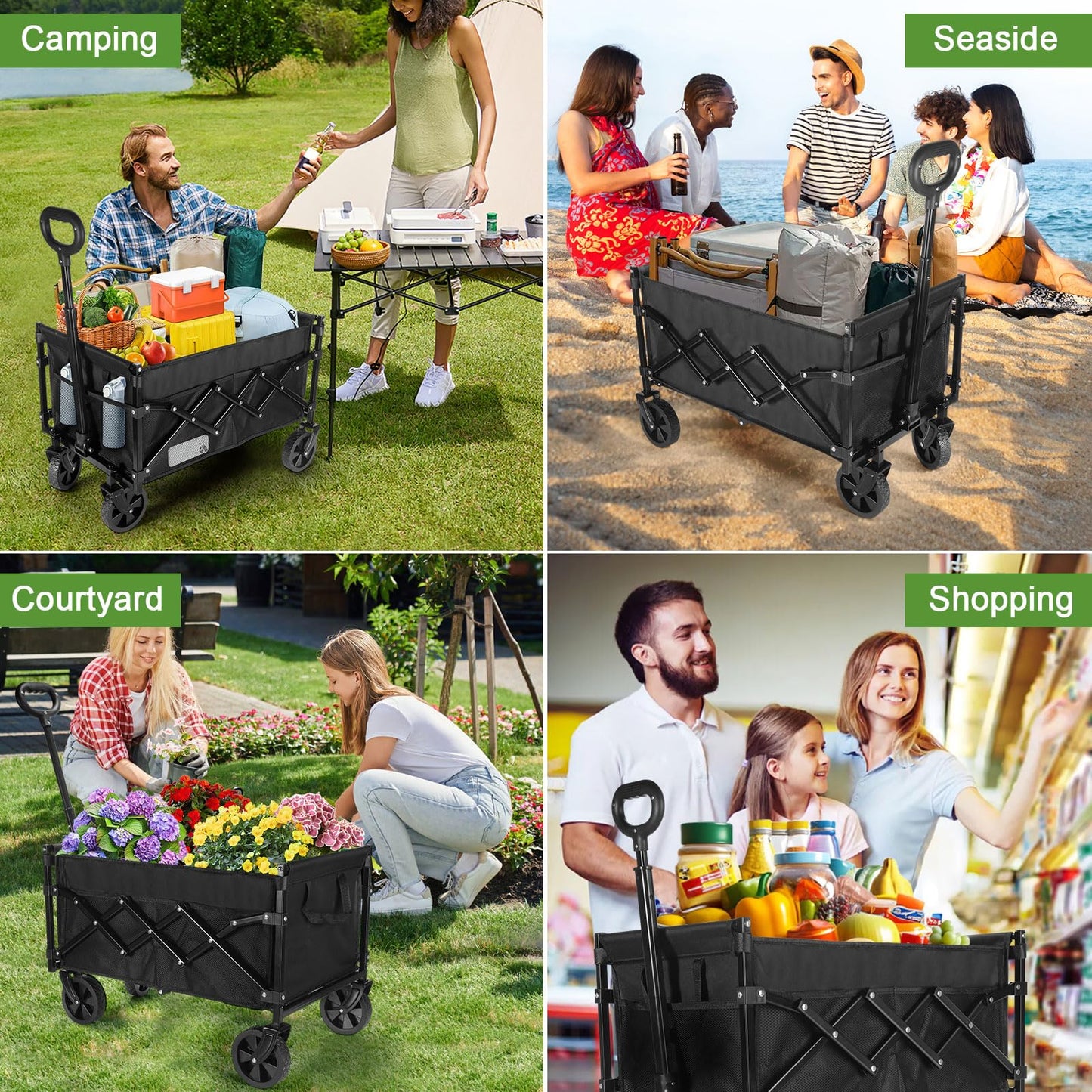 cjc 220LBS Folding Wagon Cart, Heavy-Duty Wagon Carts Foldable with 360° All Terrain Wheels, Large Capacity Outdoor Utility Collapsible Wagon for Camping Grocery Beach Garden 27.5" x 16.9" x 35.4"