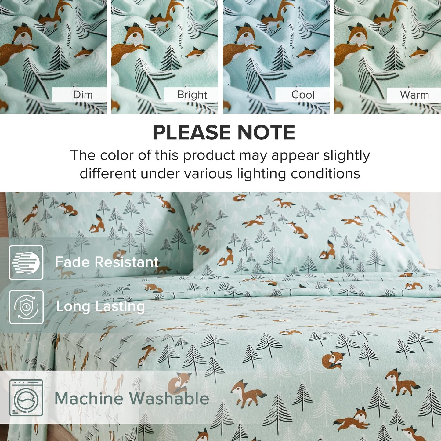 Comfort Spaces Cotton Flannel Breathable Warm Deep Pocket Sheets with Pillow Case Bedding, Twin, Seafoam Foxes 3 Piece