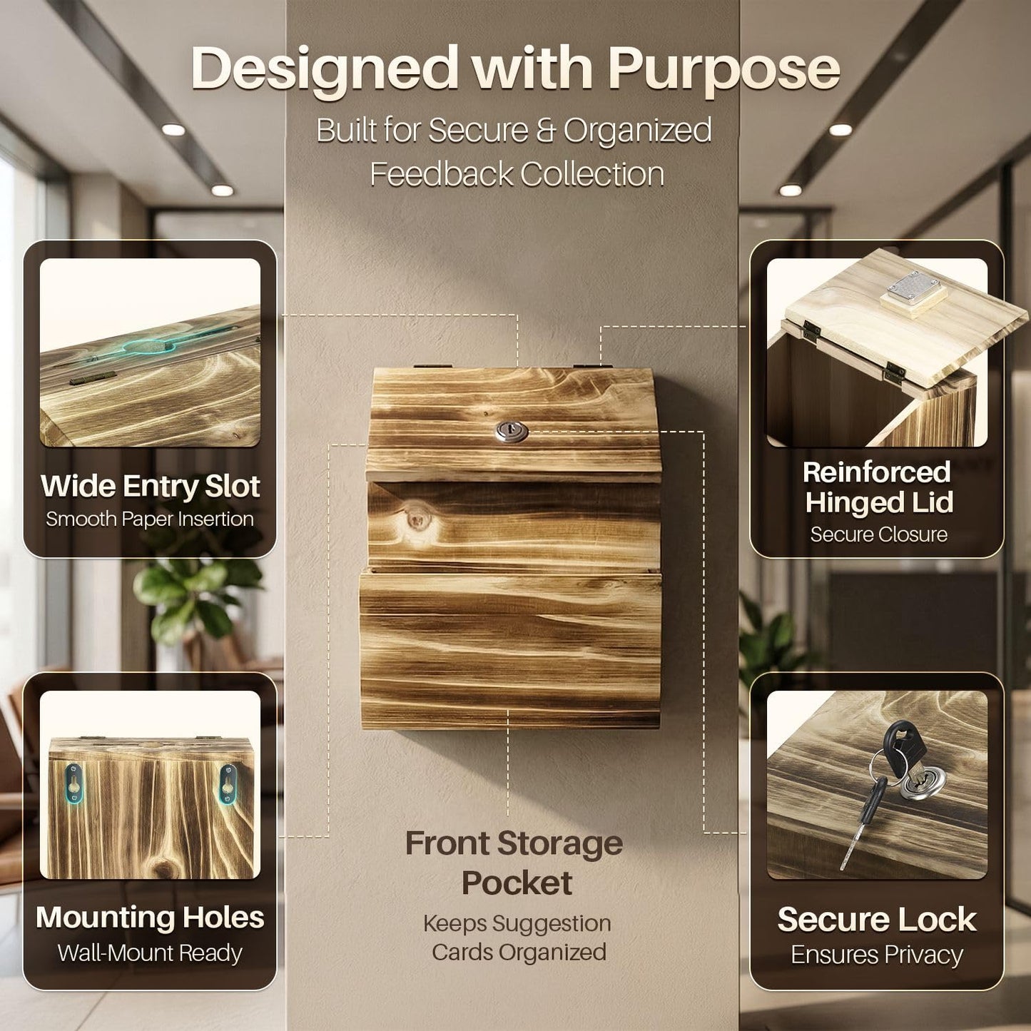 Flexzion Wooden Lockable Suggestion Box with Key Lock Lid, Wall Mounted or Free Standing Locked Ballot Prayer Donation Comment Cash Tip Money Drop Box Includes Hardware, 2 Keys
