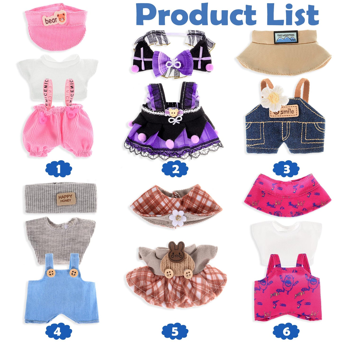 ebuddy 6 Sets Doll Clothes for 17 cm Plush Doll - Fashion Overalls Ensemble Adorable Outfits Collection (Clothes Only)