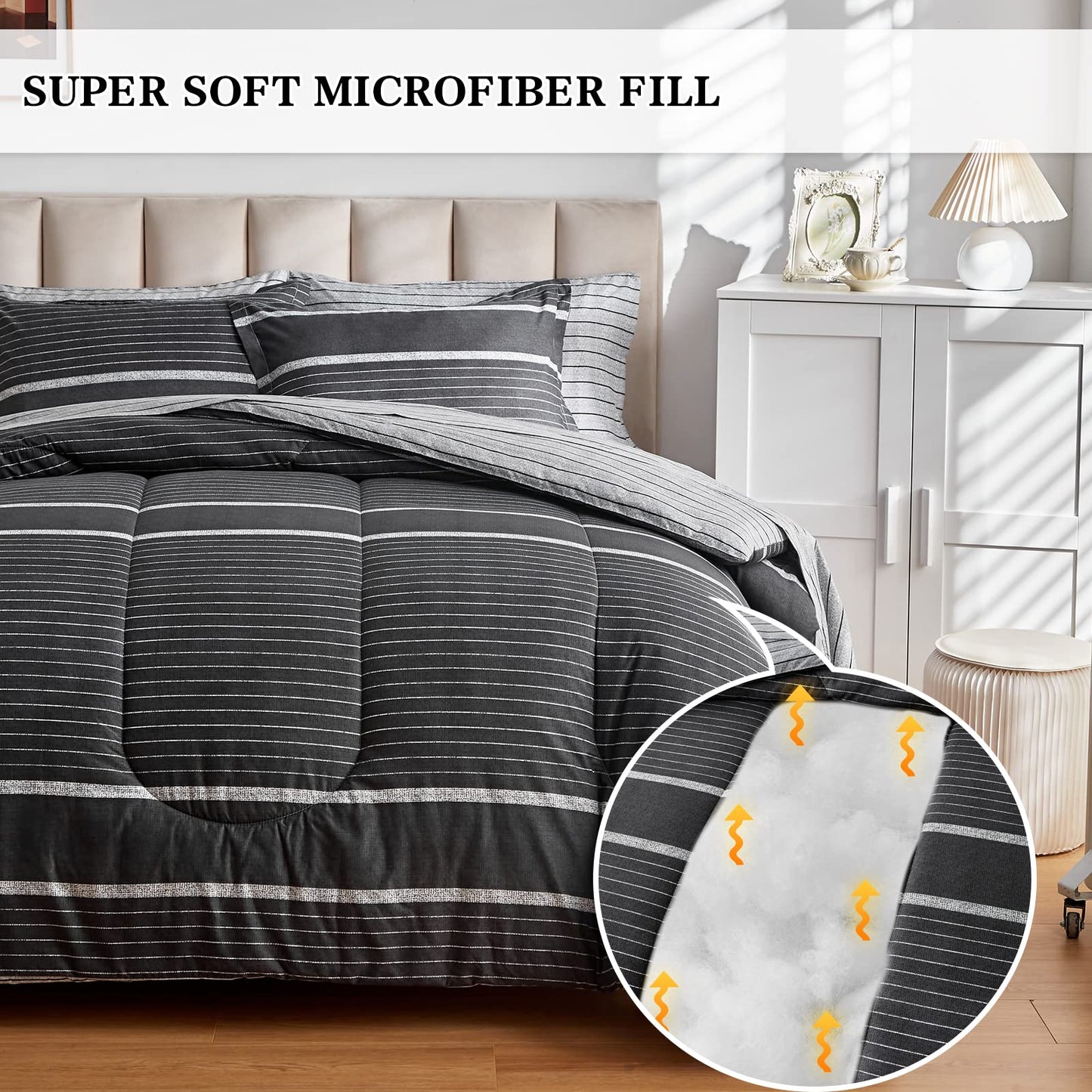 FlySheep Boho Bed in a Bag 7 Pieces Queen Size, White Striped on Black Dark Gray Reversible Comforter Set (1 Comforter, 1 Flat Sheet, 1 Fitted Sheet, 2 Pillow Shams, 2 Pillowcases)