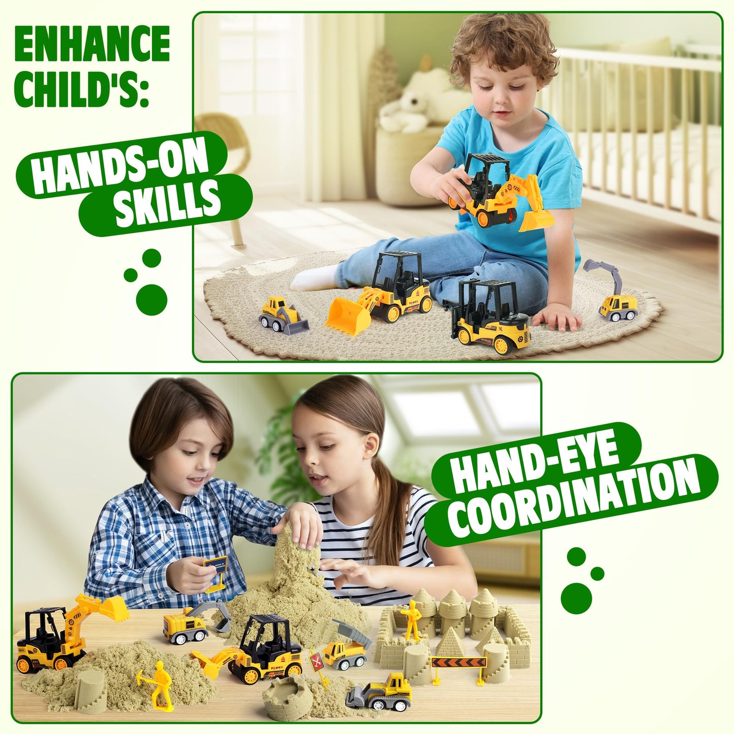 Billeeit Sand Construction Kit with A Big Foldable Sandbox and 2.2lbs Magic Sand, Truck Sand Construction Toys Including Castle Molds and Other Accessories 36Pcs Total, Play Sand Art Set for Kids 3+