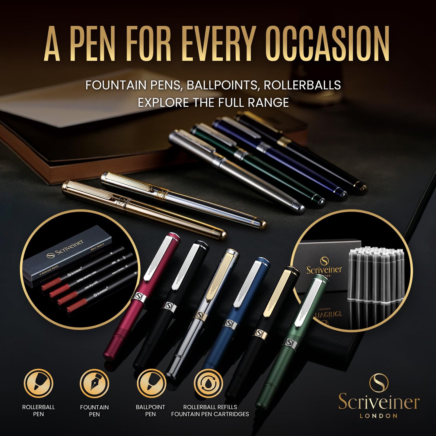 Scriveiner Silver Chrome Fountain Pen – Luxury Pen with Precision German Schmidt Medium Nib, Gold Plated Detailing, Balanced Construction, Effortlessly Smooth Executive Writing Gift Set