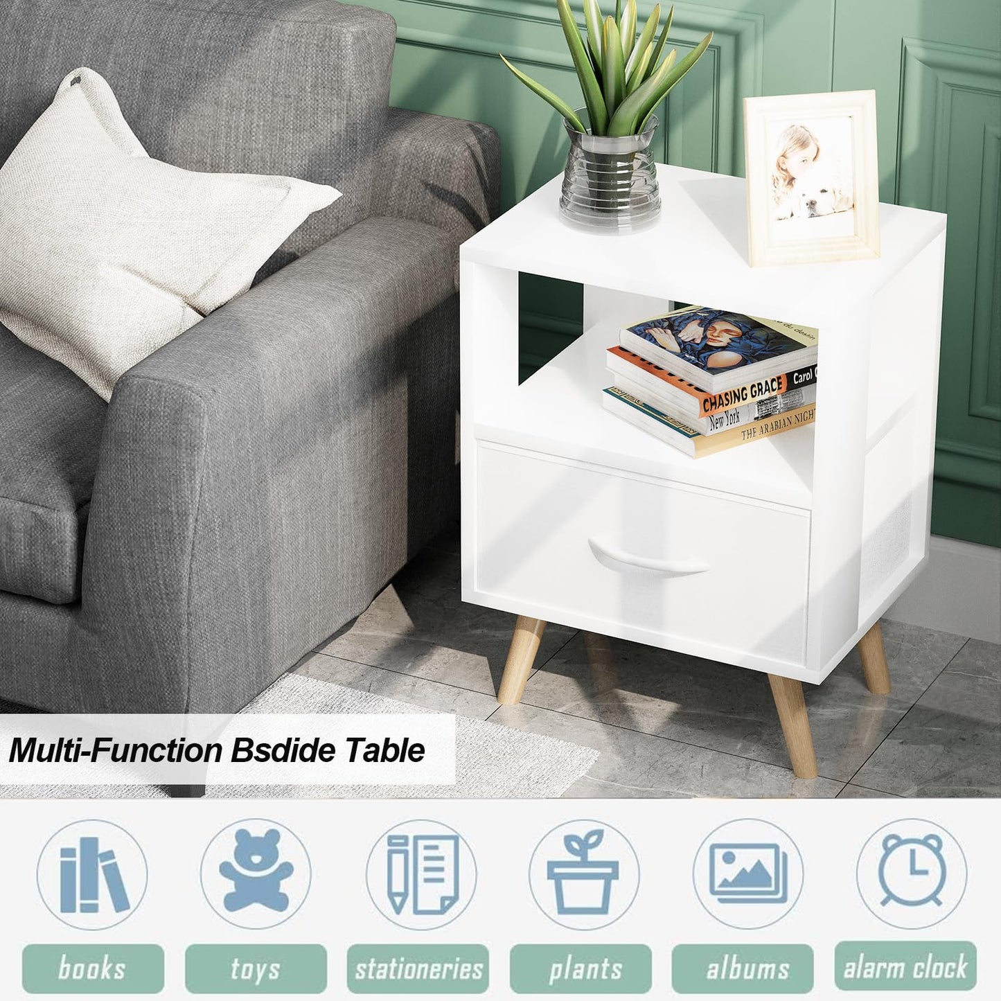 Aenuert Night Stand, White Kids Nightstand with Drawer, Nursery Side Table with Open Storage, 2-Tier Modern End Table, Bedside Table for Small Space, Living Room, Bedroom