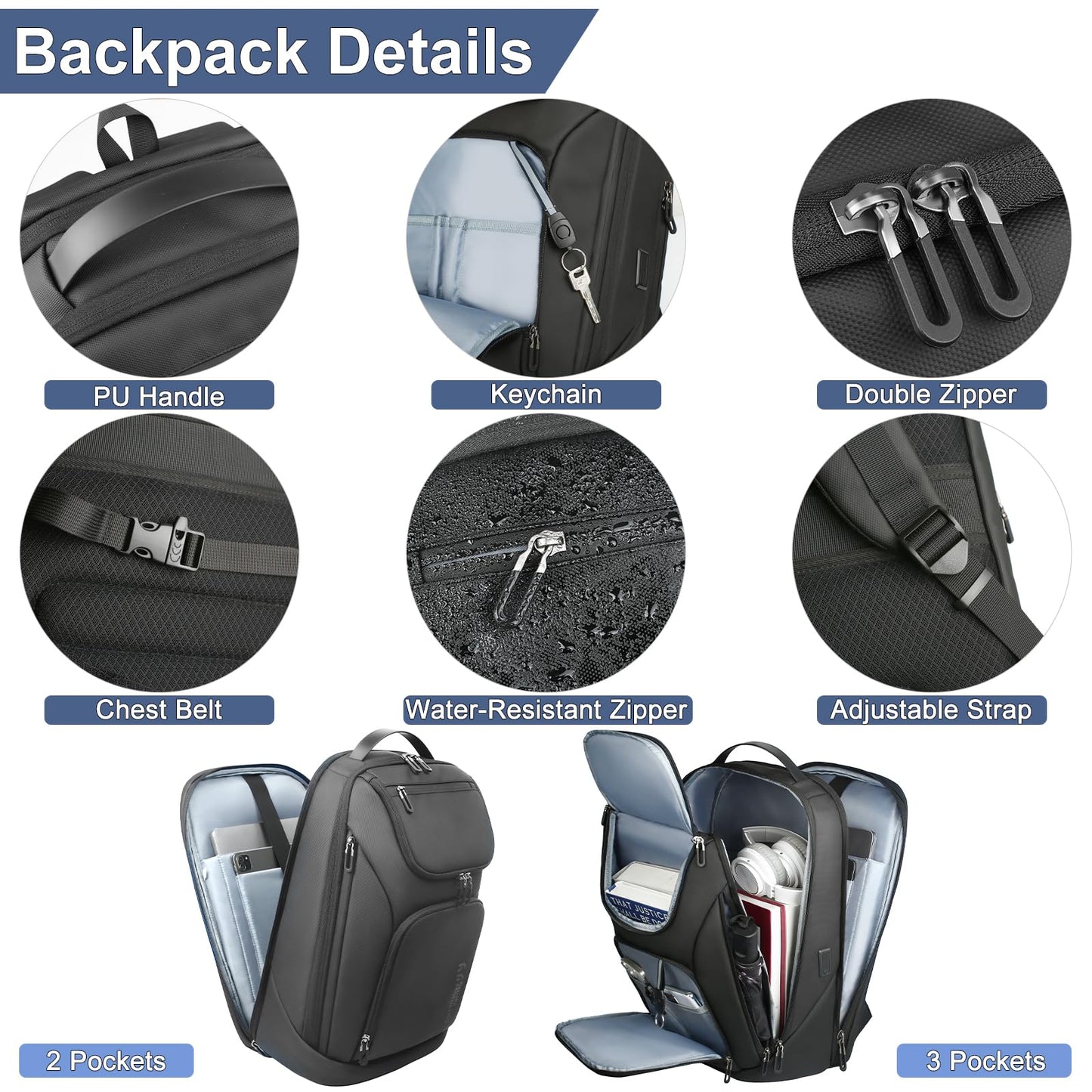 17.3 Inch Business Laptop Backpack for Men, Water-Resistant Anti-Theft Backpack with USB Charging Port, Large Durable Compact 30L Smart Computer Bag for Travel College Work-Black