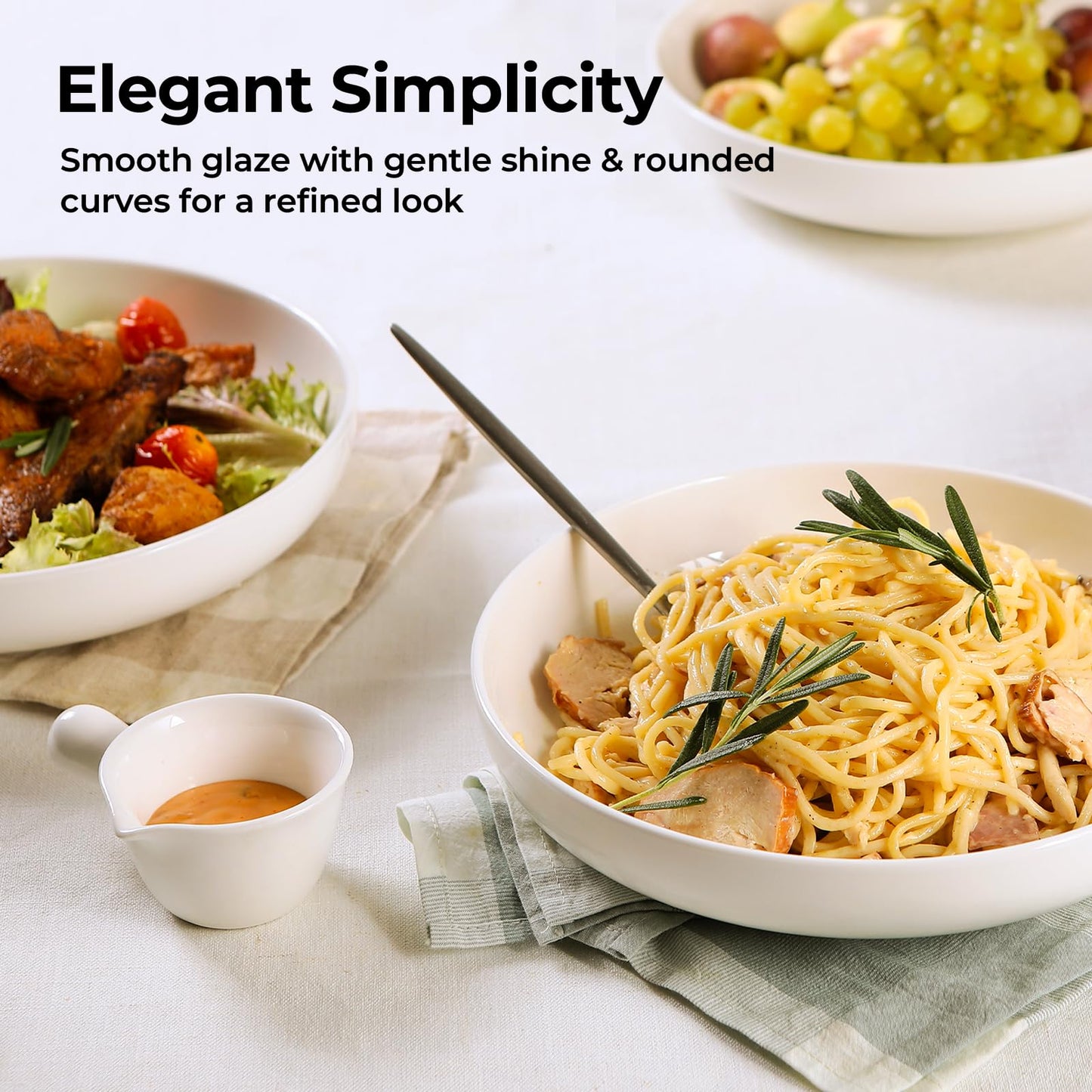 Y YHY 9.75" Pasta Bowls Set of 4, Large Shallow White Ceramic Salad Bowls, 50oz Wide Dinner Bowls for Pasta, Soup, Salad & Stew, Microwave & Dishwasher Safe, Housewarming Gift