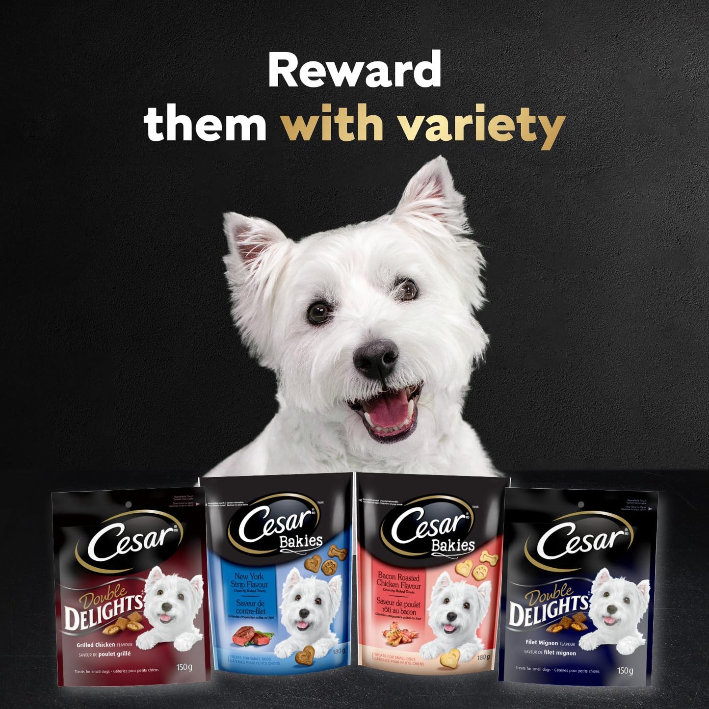 CESAR DOUBLE DELIGHTS Dog Treats, For Small Breed Adult Dogs, Filet Mignon Flavour, No Artificial Flavours, No Artificial Colours, Less Than 3 Calories Each, 150g Pouch