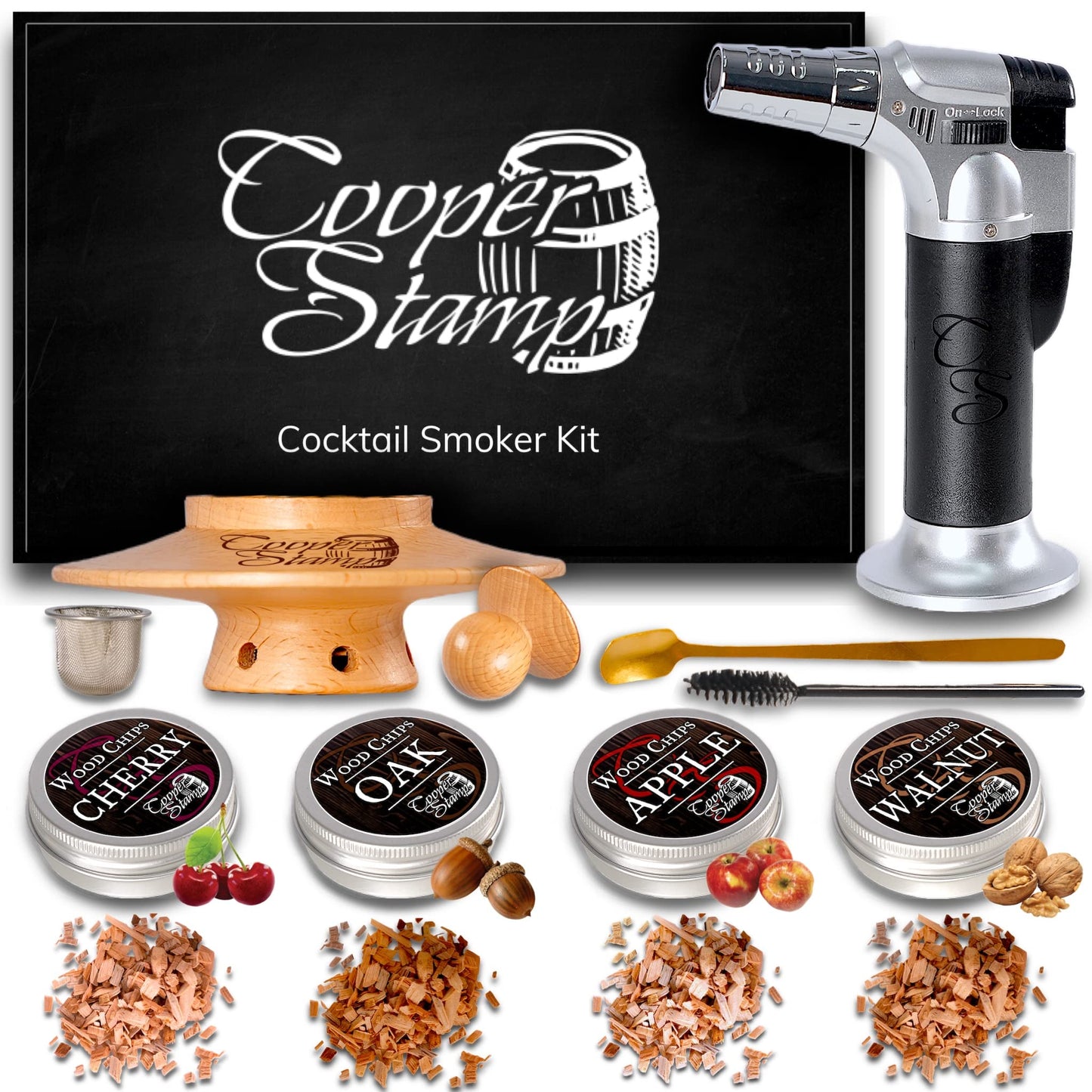 COOPER STAMP Cocktail Smoker Kit - Old-Fashioned Drink Smoker with Torch - 4 Kinds of Wood Chips for Men, Dad, Husband, Brother or Whiskey/Bourbon Lover - Butane not Included