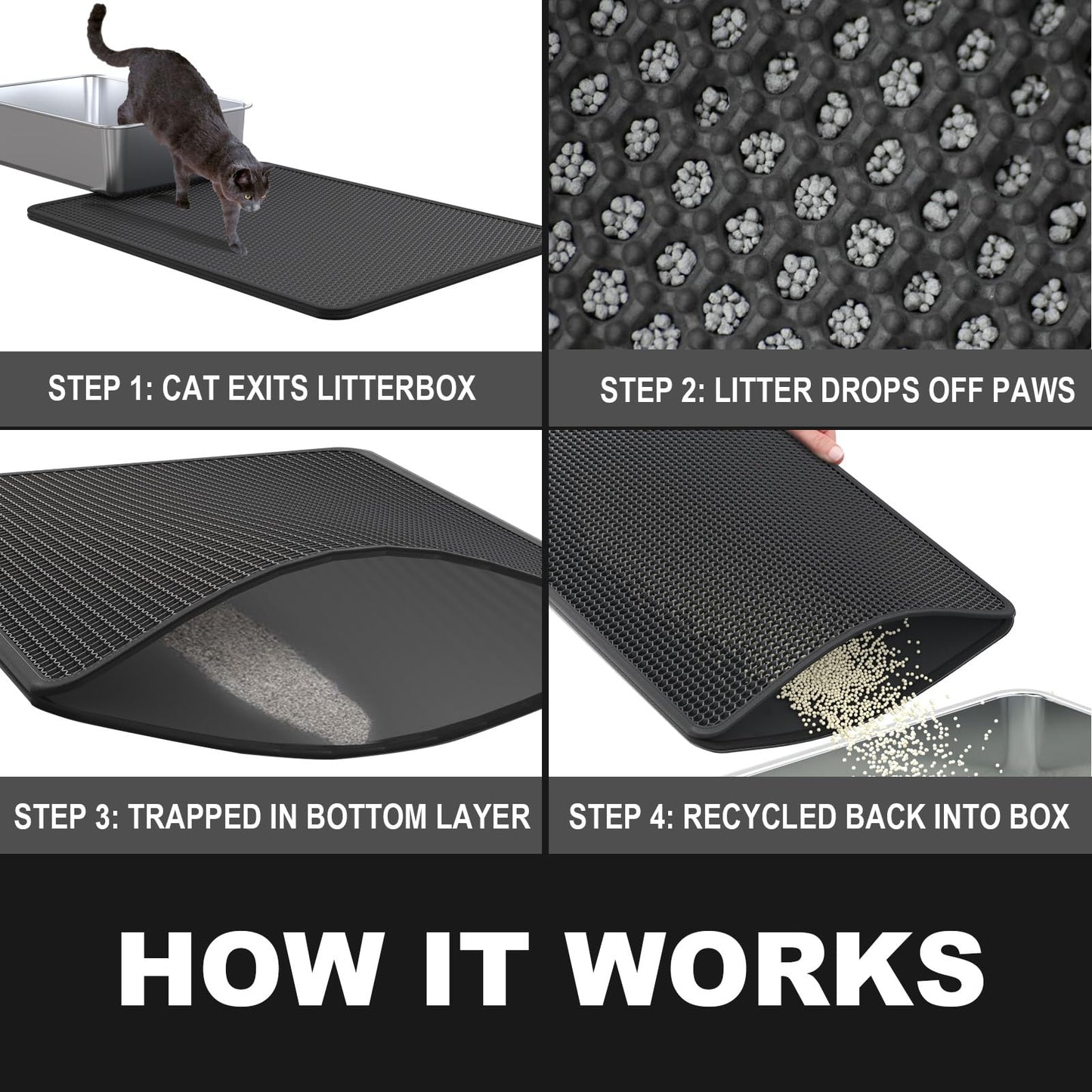 ZuHucpts Large Cat Litter Mat Trapper -90 x 61 cm1 Pack Honeycomb Double Layer Litter Mat -Traps Messes, Easy Clean and Durable, Non Toxic Trapper Rug Suitable for Litter Tray (Black)