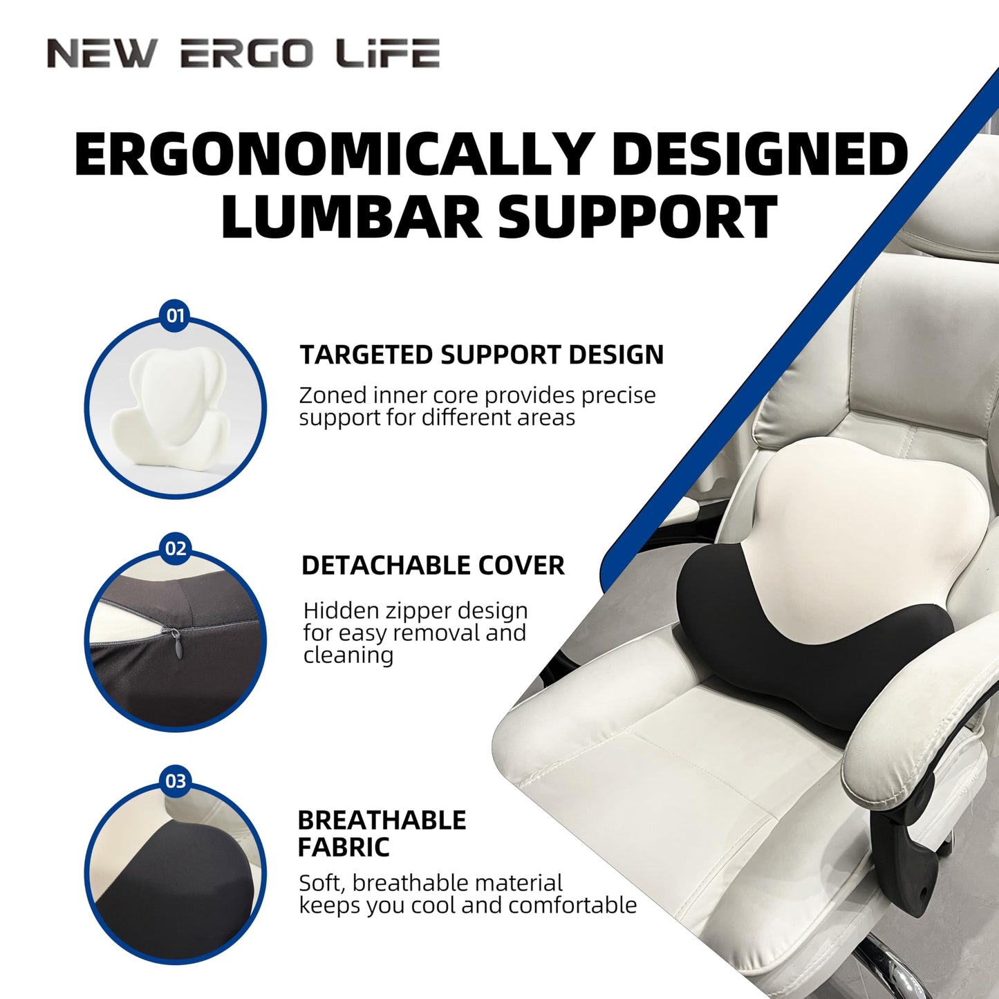 New Ergo Life Lumbar Support Cushion, Memory Foam Back Support for Pain Relief, Ergonomic Waist Cushion for Office Chair, Car Seat, and Home, Removable & Washable Cover