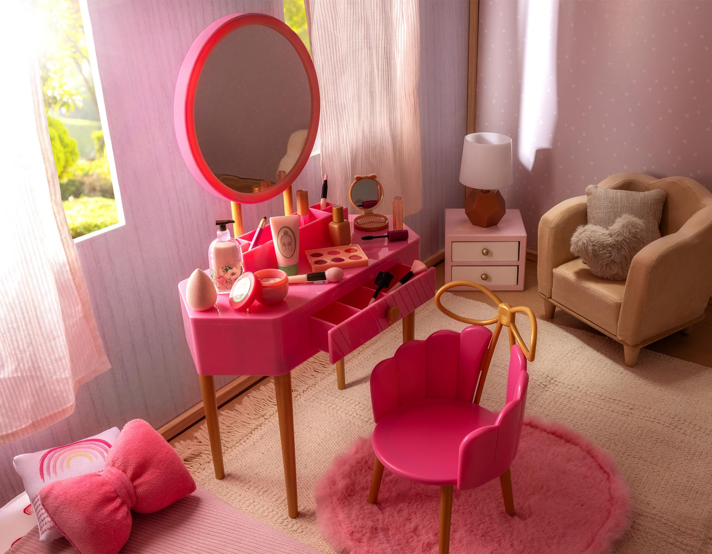 Our Generation – 18-Inch Doll Accessories – Pink Vanity Table & Chair Set – Pretend Make – up & Mirror – Pretend Play 3+ Years – Fabulous Fun Vanity Set