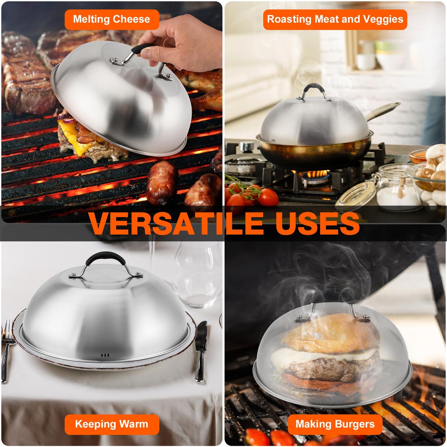only fire Stainless Steel Griddle Accessories Kit Chesse Melting Dome Steaming Cover for Flat Top Griddle Grill Indoor or Outdoor, 2pcs - 9"&12"