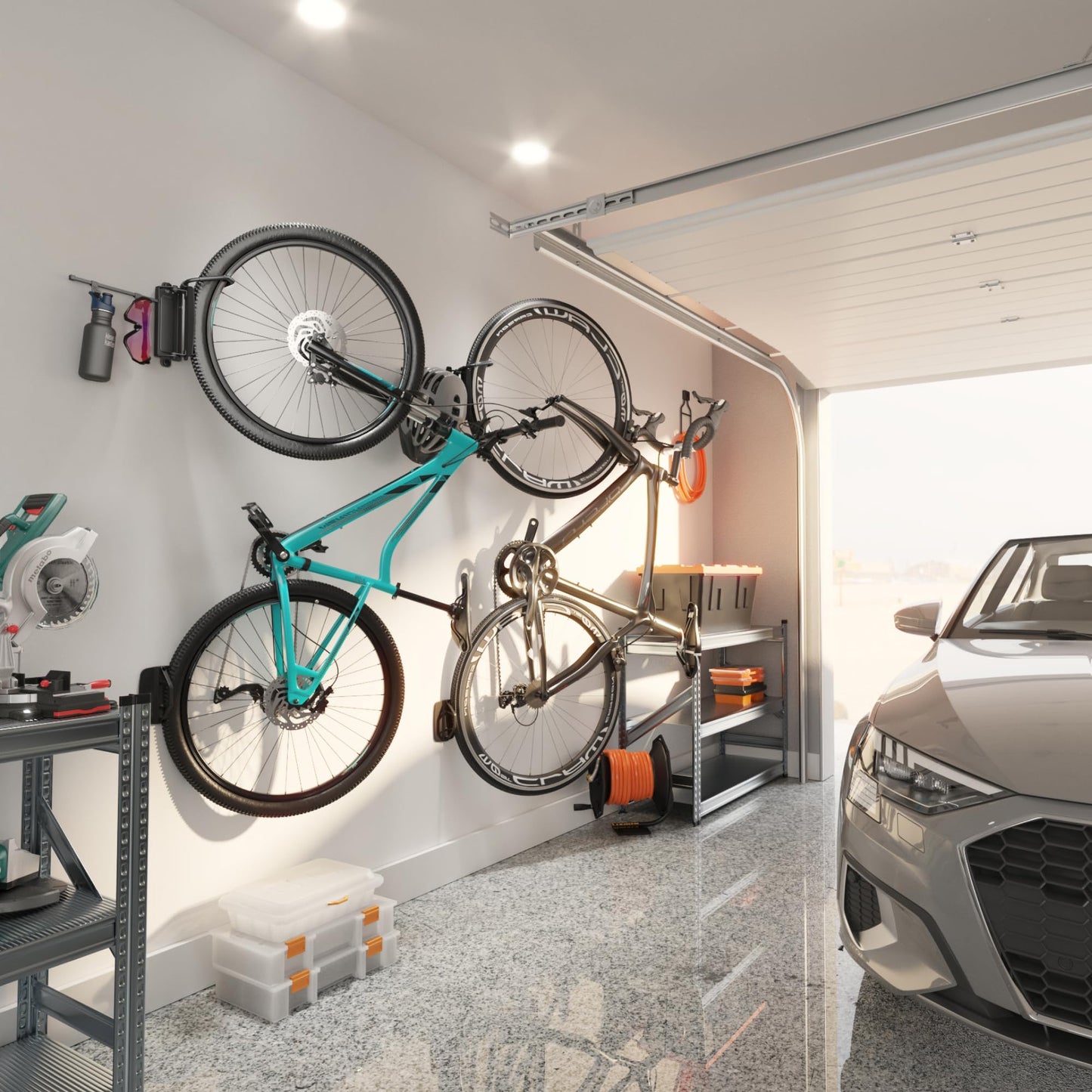 monTEK Swivel Bike Wall Mount, Bike Hangers for Garage, Bike Mount with Two Extra Storage Hooks, Bike Hanger Wall Mount for Space Saving, Bike Rack Garage Holds Up to 77 lbs
