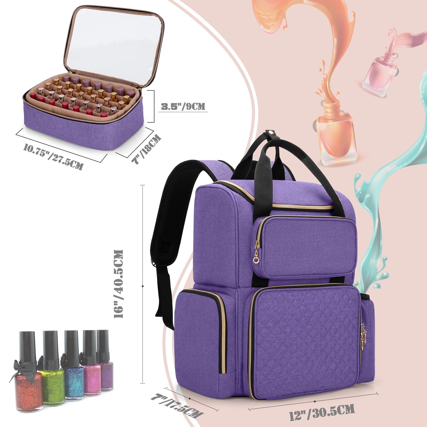 Luxja Nail Polish Organizer (Backpack Version) Holds 70 Bottles and a Nail Lamp, Travel Nail Polish Bag with 2 Removable Cases and Tools Storage Pockets (Patent Pending), Purple
