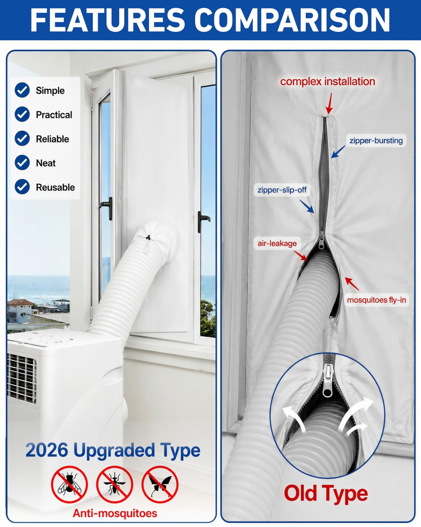 COVERTIFY Portable Air Conditioner Window Kit, Universal Heavy Duty Window Seal for Portable Air Conditioner with Adjustable Zipper, No Drill AC Unit Windows Kit - Max 157" L