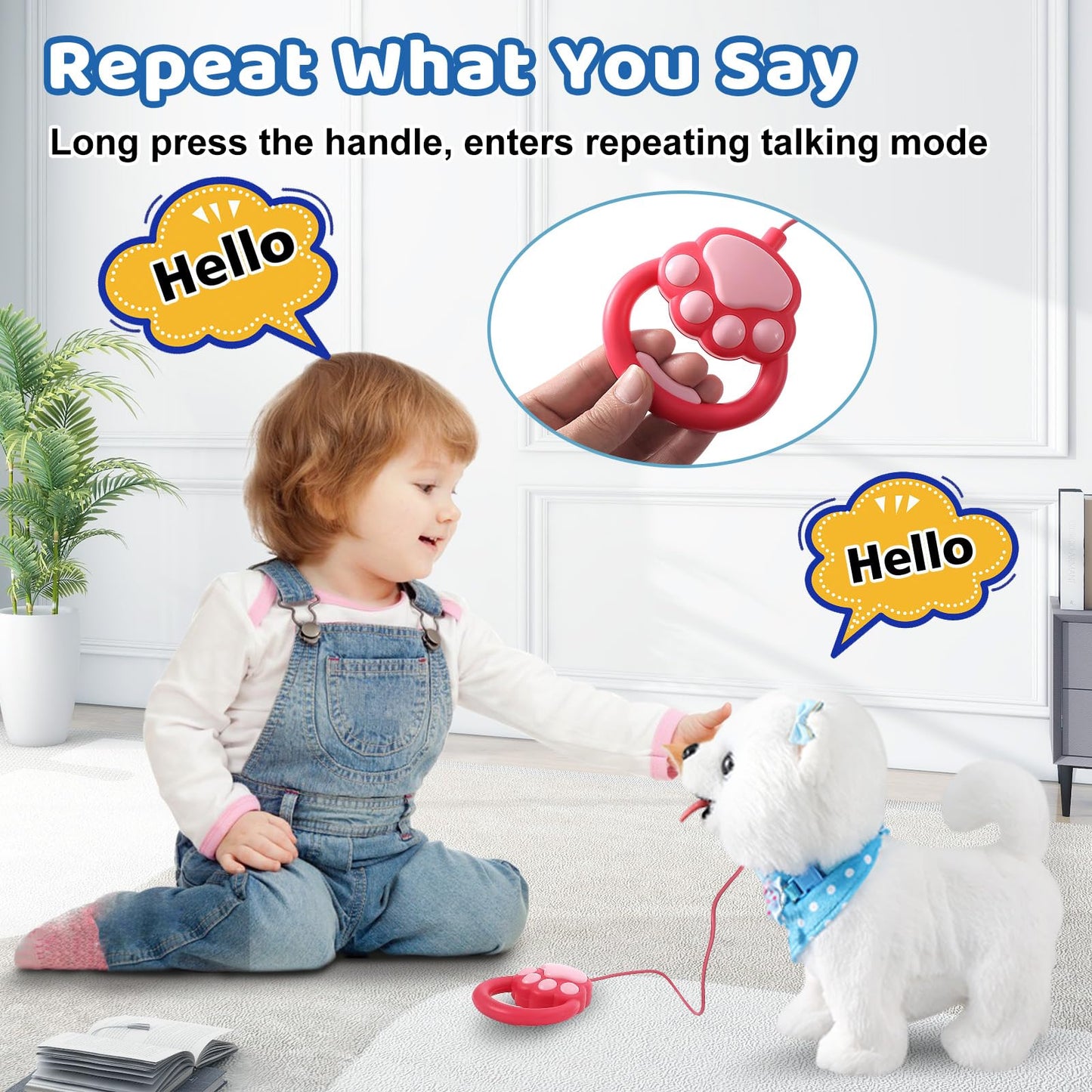 Ylpaprm Samoyed Walking Barking Toy Dog Puppy Toy for Girl Licking Doggy with Leash, Electric Talking Singing Tail Wag Plush DIY Pretend Dress Up Interactive Dog Toddler Kid