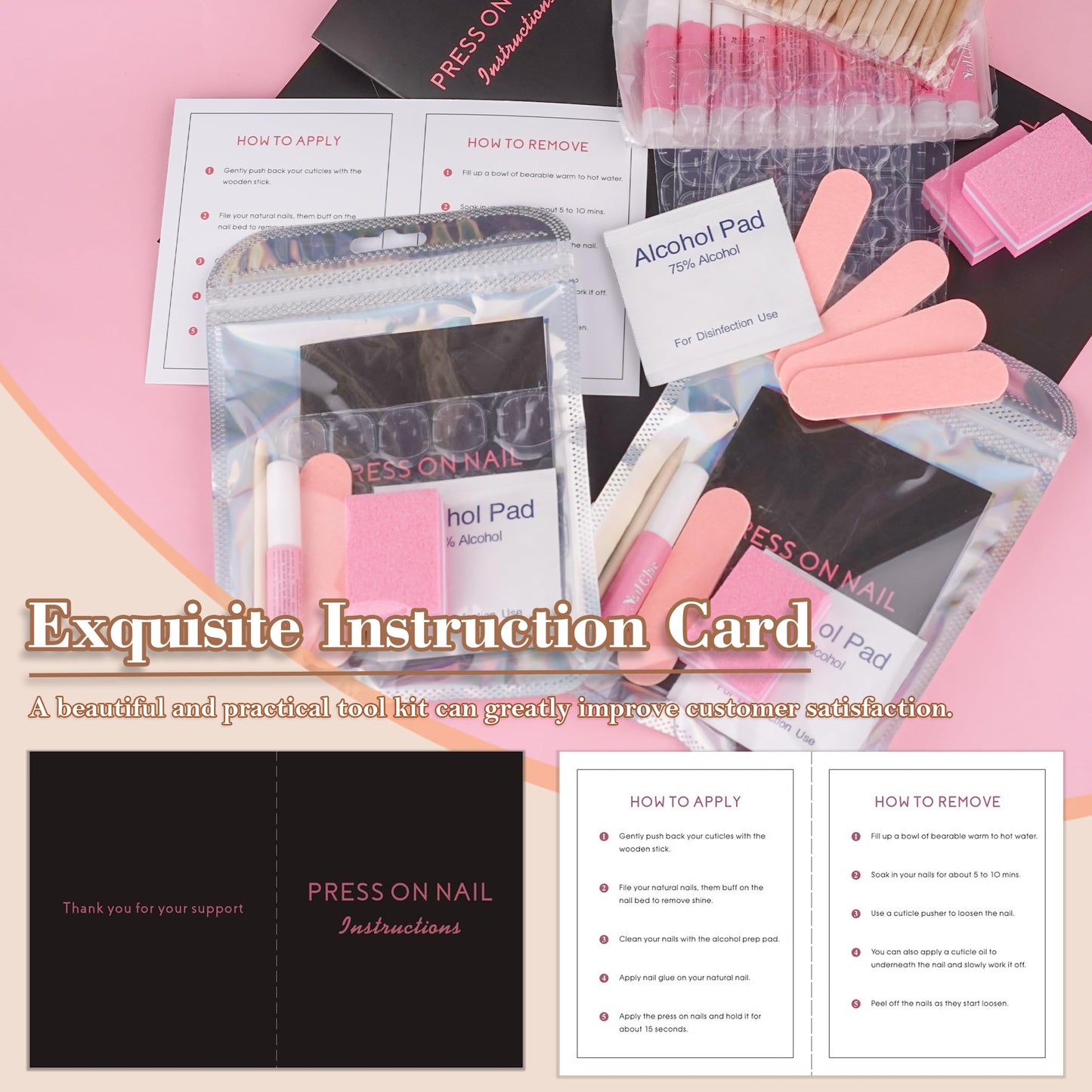 50 Pack Press On Nail Tool Prep Kit for Nail Salon Business, Disposable Manicure Kit with Nail File, Buffer, Nail Glue, Prep Pad, Instruction Card, Adhesive Nail Tabs, Wood Stick, Holographic Bag (A)