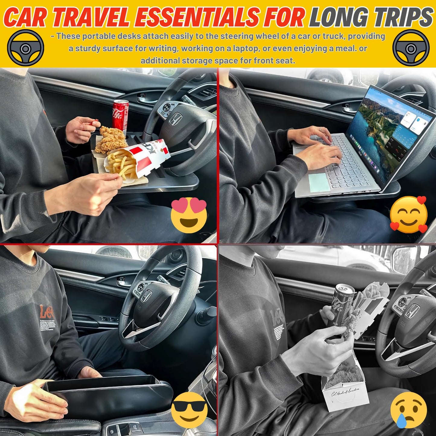 2-in-1 Steering Wheel Desk - Steering Wheel Tray Table with Seat Gap Filler Organizer | Car Food Tray for Driver | Car Desk for Laptop & Eating - Work Road Trip Essentials Accessories