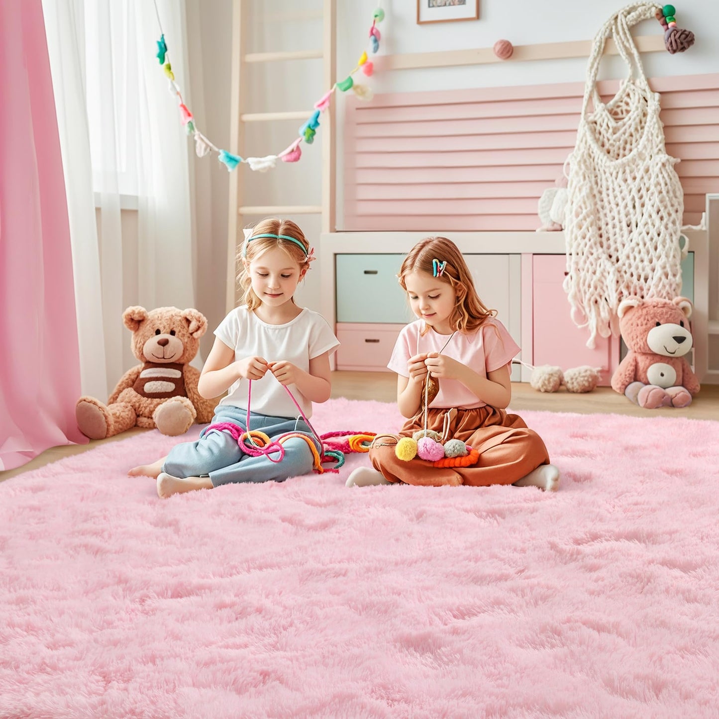 Keeko Extra Soft Area Rugs for Living Room Bedrooms, 5x7 Pink Fluffy Washable Bedroom Large Area Rug Cute Faux Fur Rug High Pile Carpet Indoor Rug for Girls Kids Nursery Baby Room Decor