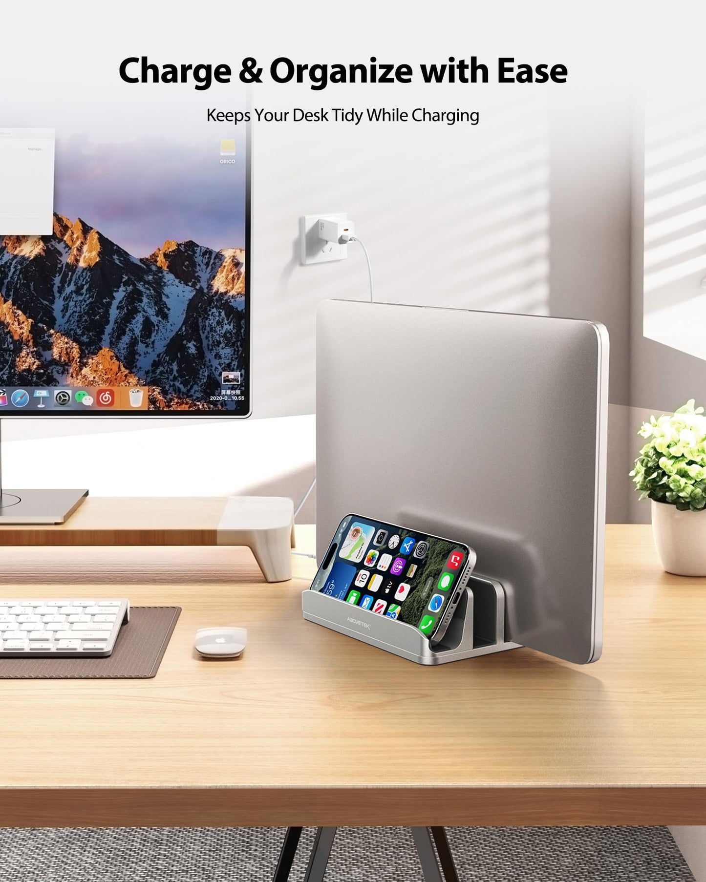 Vertical Laptop Stand - AboveTEK - 3 Slots for Computer, Tablet, Phone - Fits All Laptop Models (up to 17.3") - Heavy Duty Polished Aluminum Desktop Holder - Anti Slide Silicone Grips - Silver
