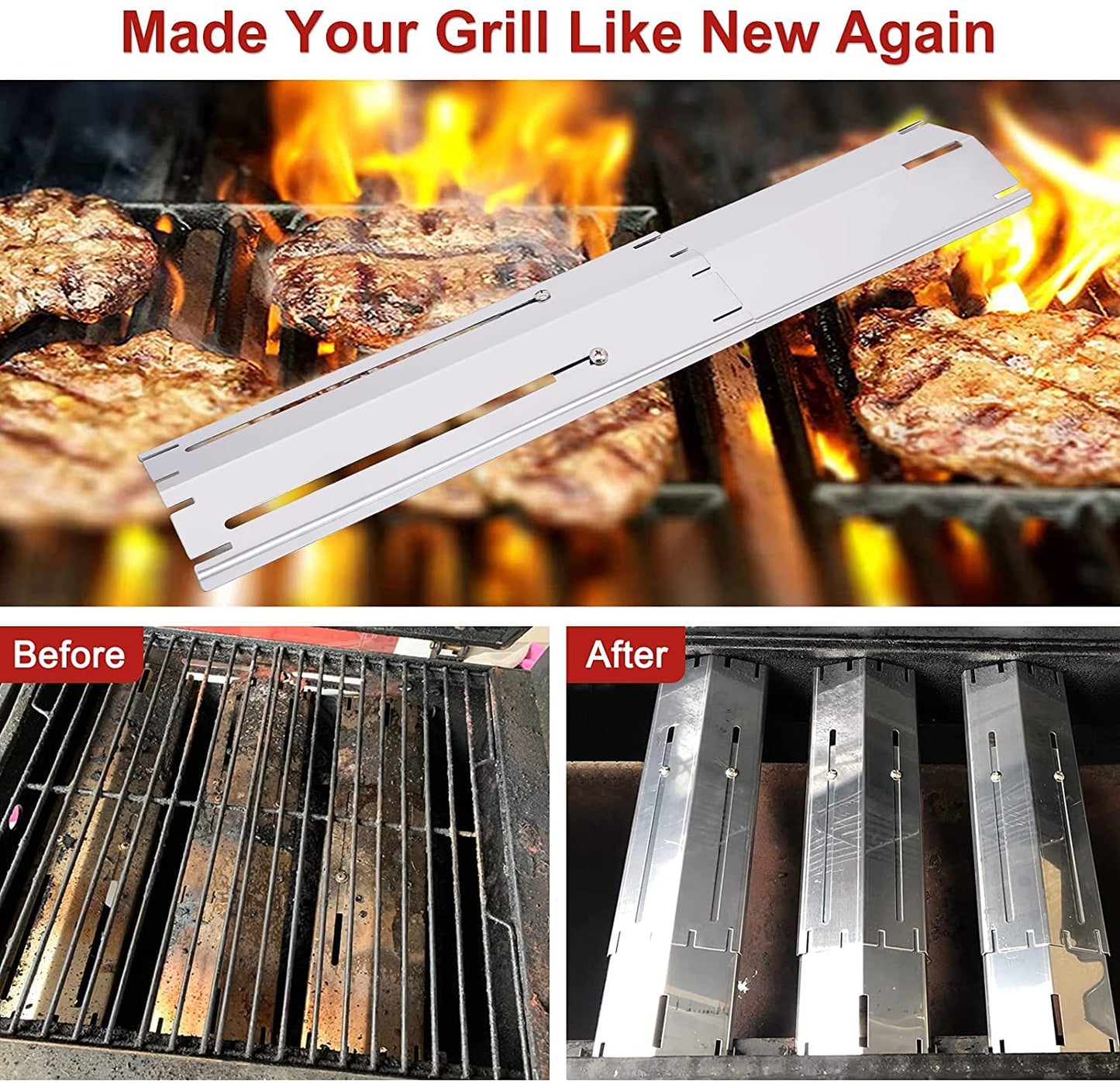 Universal Gas Barbecue Grill Heat Plate Shield for Gas Grill, Adjustable Barbecue BBQ Grill Heat Tent, Flavorizer Bar, Burner Cover, Flame Tamer, Stainless Steel Gas Grill Replacement Parts, 4-Pack