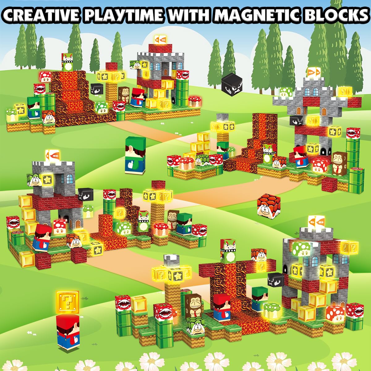 1 Inch Magnetic Blocks Building Set 200Pcs, Light Up Magnetic Building Blocks Magnet Building Toy Set Magnetic Constructions Stacking Sensory STEM Toys for Toddler Boys Girls Christmas Birthday Gifts