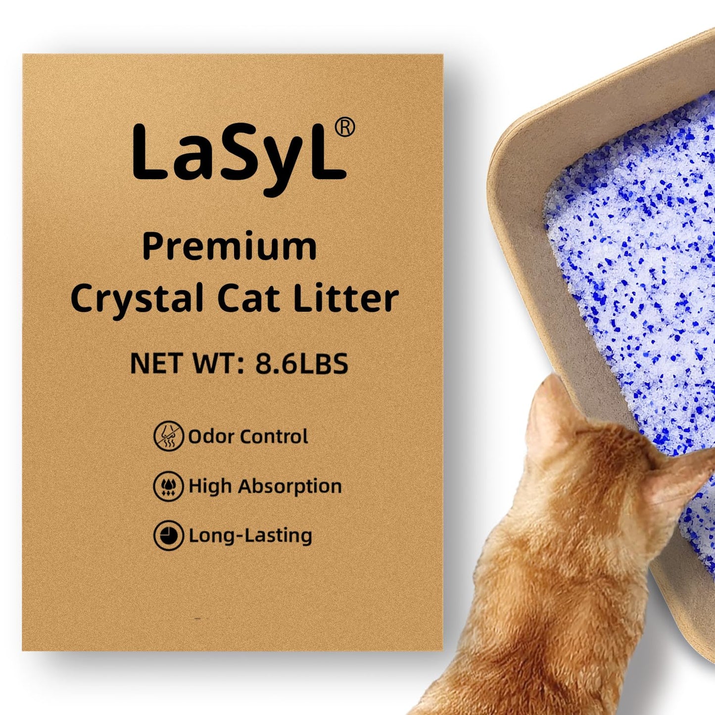 LaSyL Premium Crystal Cat Litter - 8.6 lb, Two Months Lasting - Superior Odor Control & Absorption, Non-Clumping, Low Tracking Silica Gel Safe for Pet, White & Blue (2 Bags of 4.3 lb)