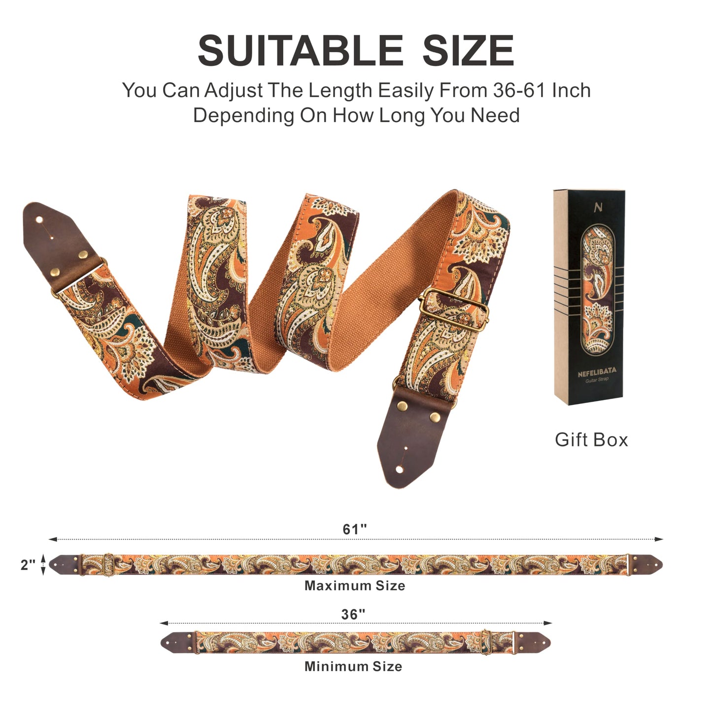 Nefelibata Guitar Strap,Crazy Horse Leather Jacquard Embroidery Cotton Guitar Straps for Bass, Electric & Acoustic, Best Gifts for Guitarists(Golden Silk Brown Flower)