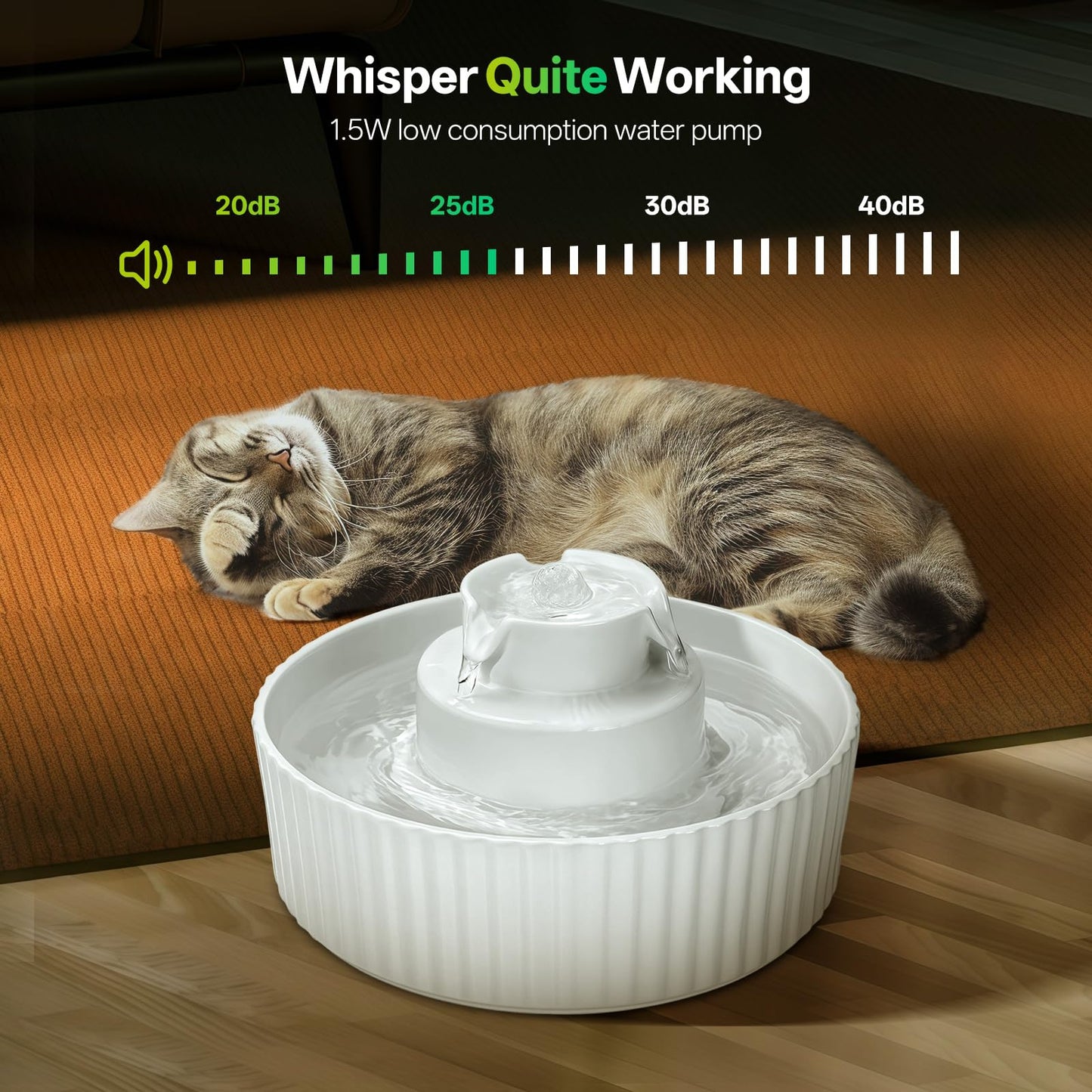 Ceramic Cat Water Fountain, 2.1L/70oz Porcelain Pet Drinking Dispenser with 4 Set Replacement Filter & Sponge, Automatic Dog Water Bowl with Ultra-Quiet Pump, Cat Feeding Watering Supplies(White)