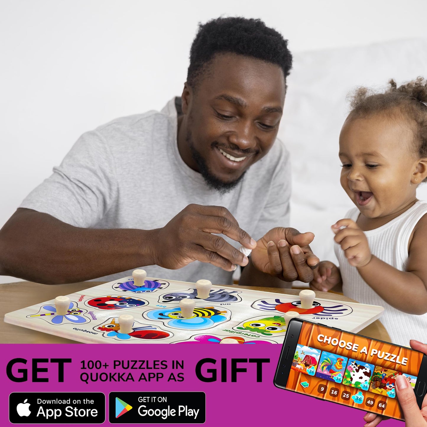 QUOKKA Wooden Puzzles for Toddlers 1-3 - 6 Alphabet Toddler Puzzles 3-5 Years Old - Gift ABC Learning Toys for Boys and Girls - Wood Pegged Games Kids 2-3