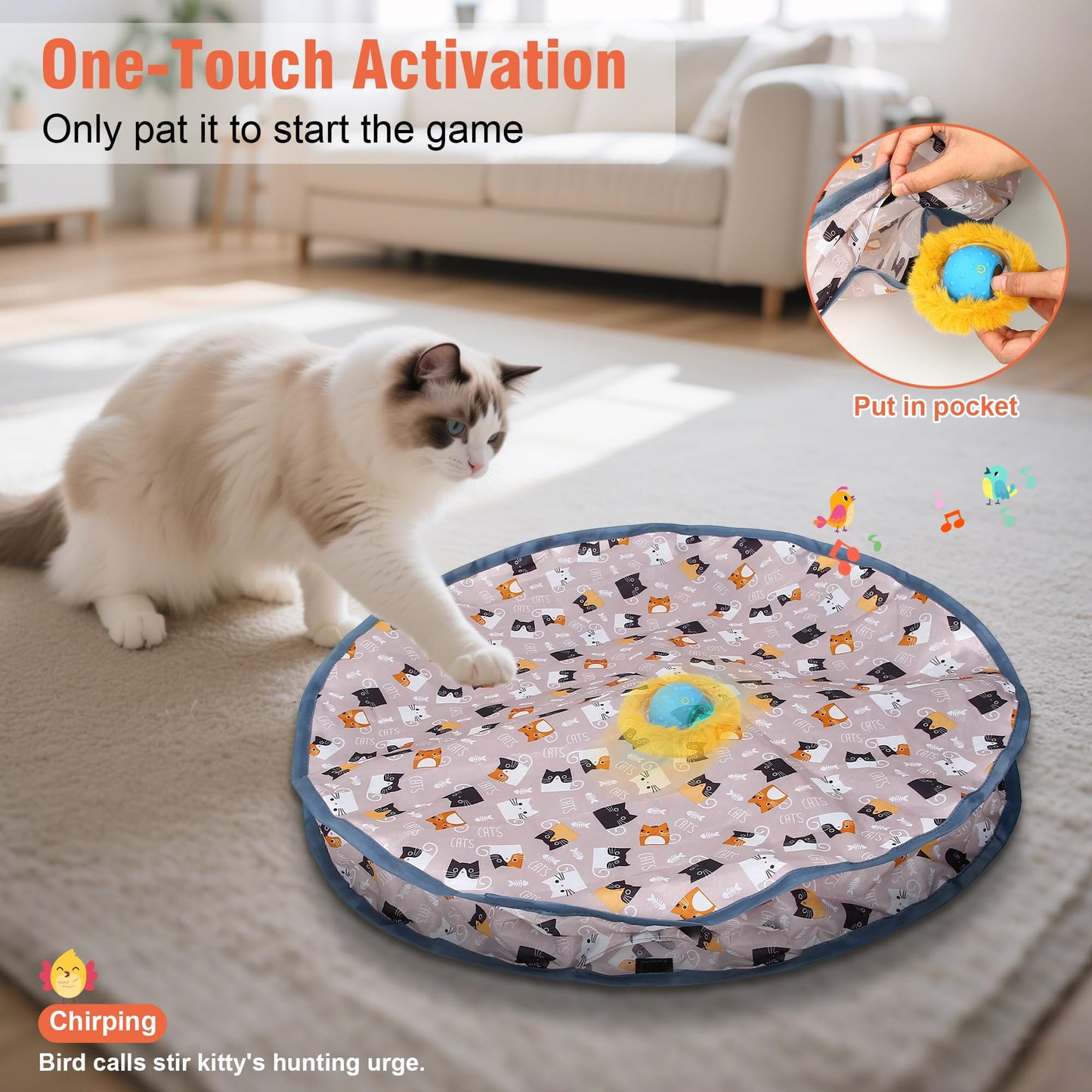 IOKHEIRA Interactive Cat Toy for Indoor Cats, Hide and Seek Cat Toy with Light&Chirping Bird, Automatic Rolling Cat Ball in Pocket, Motion Activated Kitten Toys, Jouet Pour Chat for Cat Enrichment