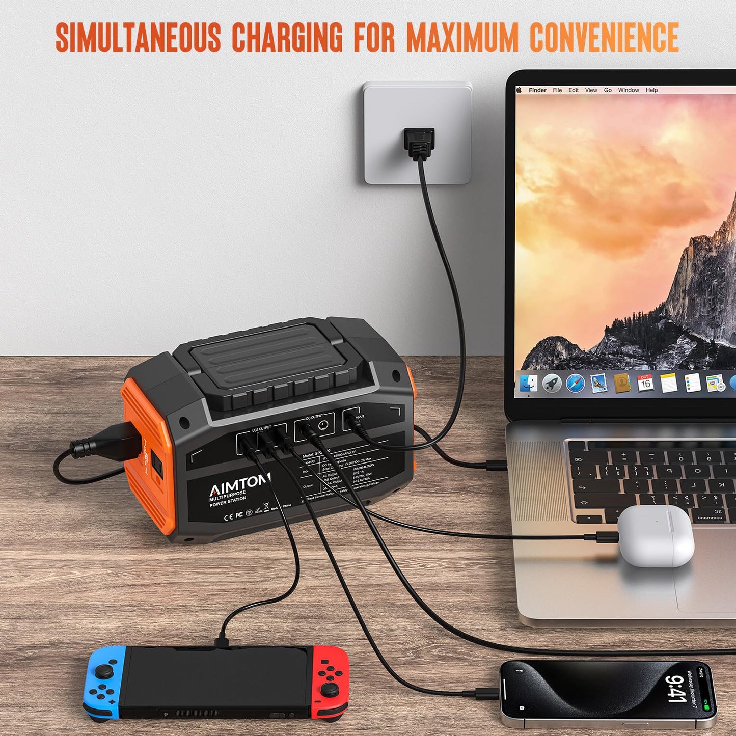 AIMTOM Portable Power Station 173Wh Lithium Battery, 200W AC Outlet (250W Surge), 18W USB-C, 2x USB-A, 2x 12V DC Outputs, LED Flashlight – Ideal for Camping, Travel, Emergency Backup, RV, Home Use