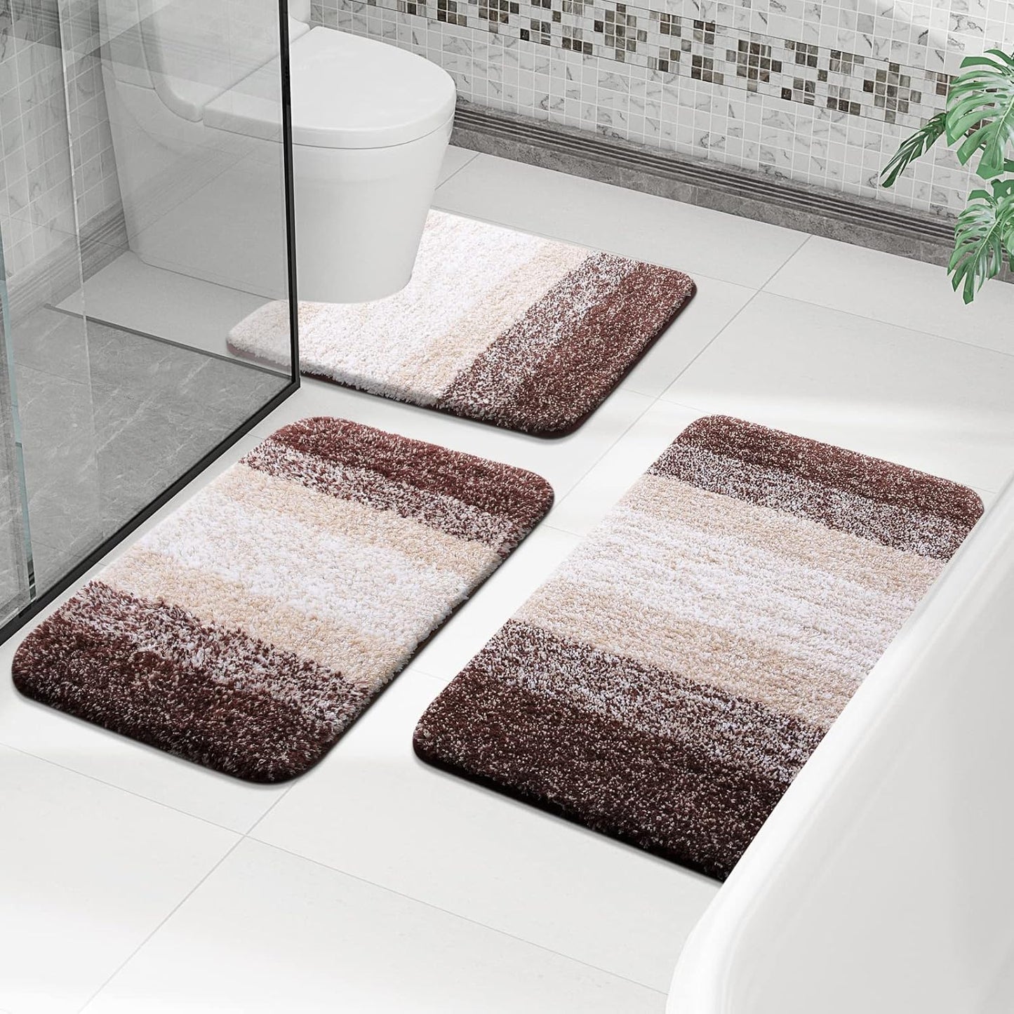 OLANLY Luxury Bathroom Mat Set 2 Piece, Soft Microfiber Absorbent Bath Mat and U-Shaped Contour Toilet Mat, Non-Slip Bathroom Rug Set, Machine Wash, Bath Mats for Bathroom, (24"x16"+24"x20", Brown)