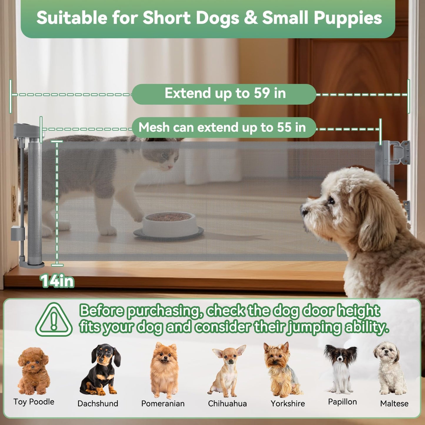 Crazydeer 14" Tall Short Dog Gate to Step Over, Retractable Mesh Pet Door for Small Puppy, Extended up to 55" Wide for Indoor Stairs Doorways and Hallway - Grey