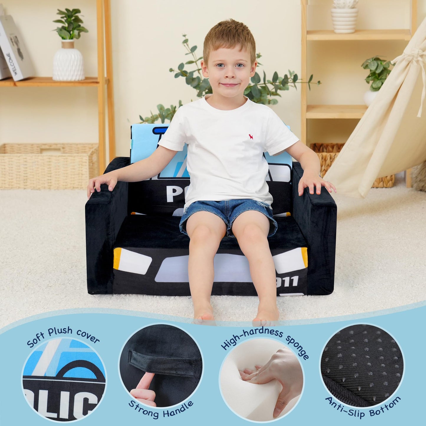 MallBest Kids Sofas Children's Sofa Bed Baby's Upholstered Couch Sleepover Chair Flipout Open Sofa(Black/Police Car)