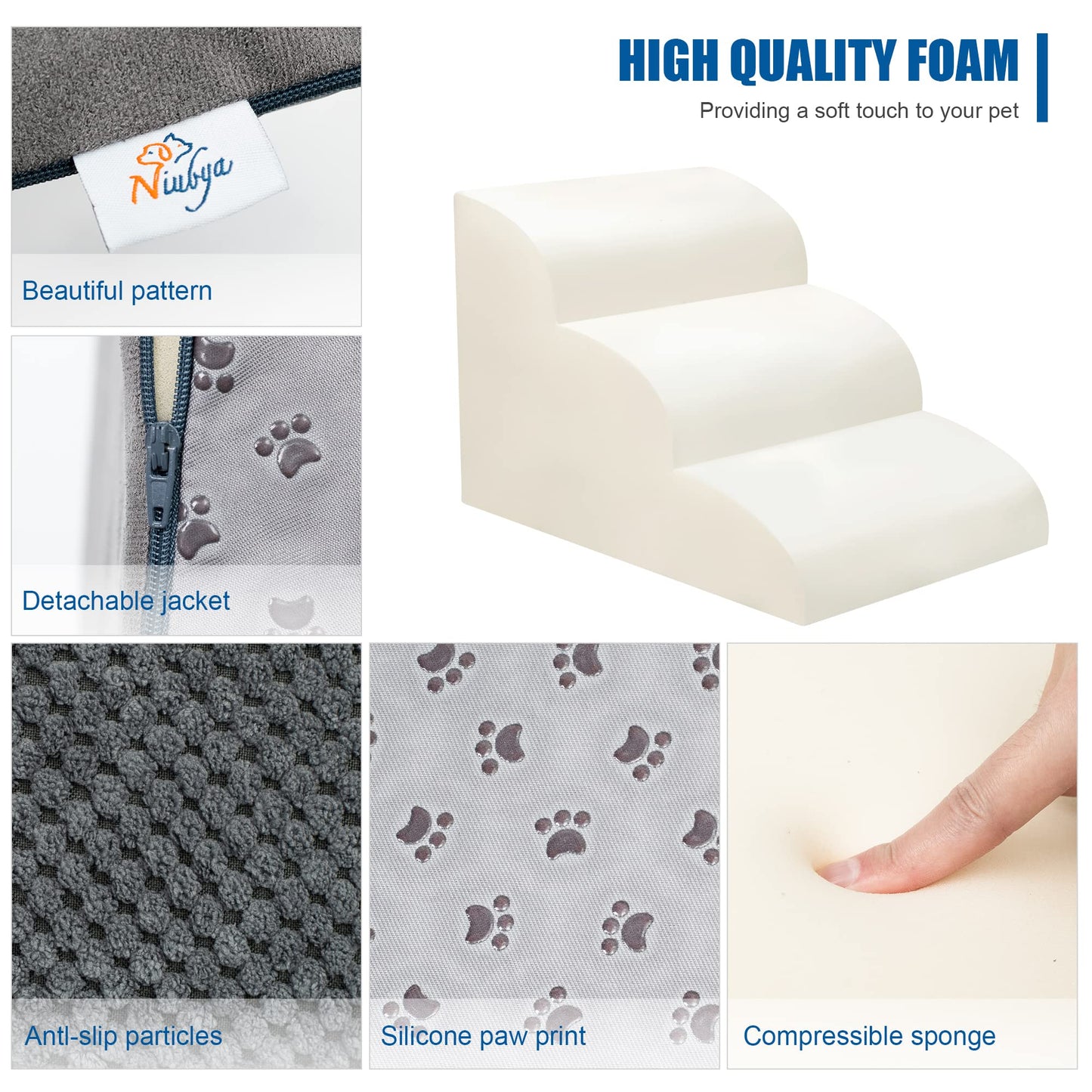 Dog Stairs for Small Dogs - High Density Foam Dog Ramp, Extra Wide Pet Steps with Non-Slip Bottom for High Beds, Couche and Sofa, Best for Dogs Injured, Older Dogs Cats, Pet with Joint Pain (3 Tiers)