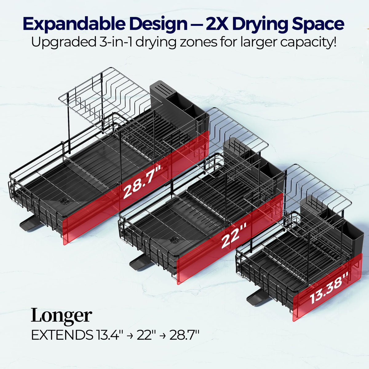 Large Dish Drying Rack, Expandable Dish Rack for Kitchen Counter, Upgraded Dish Drainer with Drainboard Set, Multifunctional Dishrack with Utensil Holder & Cup Holder, 13.4"-28.7" L x 11.8" W (2-Tier)