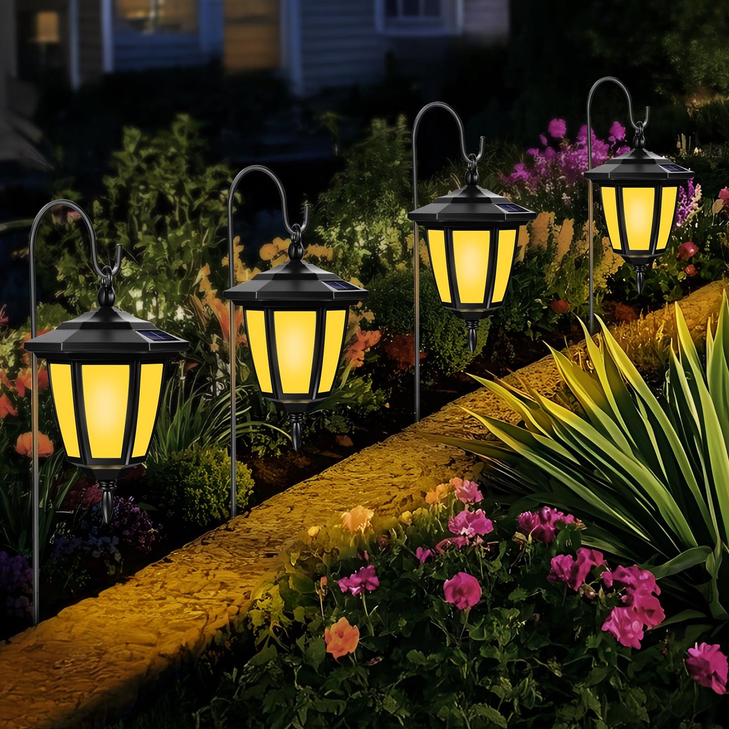 Viewsun 34 Inch Solar Hanging Lights, Shepherd Hook Lights with 2 Shepherd Hooks Waterproof Outdoor Decorative Solar Lantern Lights for Garden Decor, Patio, Backyard, Pathway, 4 Pack