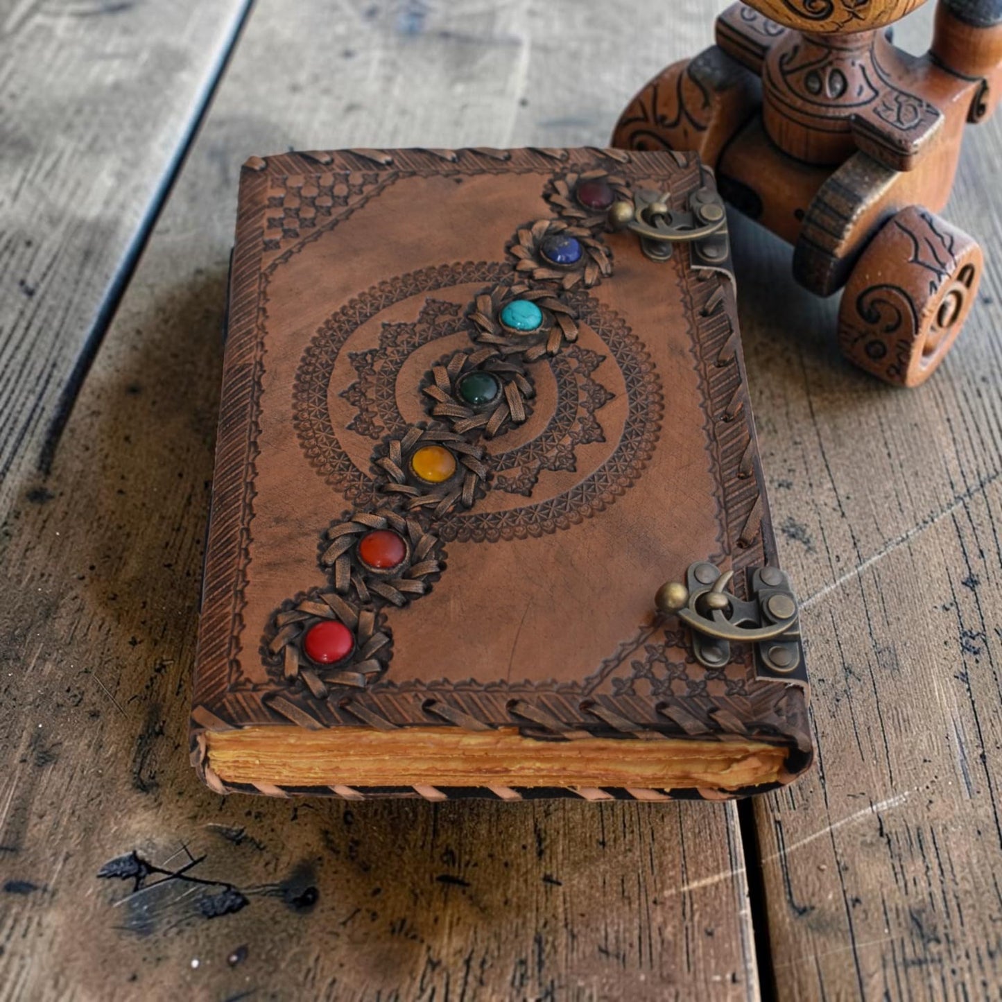 KMAAC leather bound journal book of shadows vintage leather journal deckle edge paper antique spell book wiccan seven stone chakra journal unlined lock daily notebook sketchbook 10x7