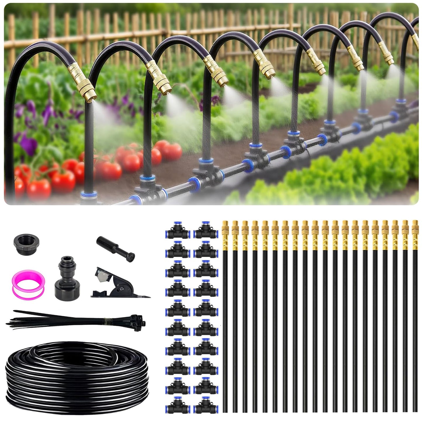 65FT 5/16 Inch Drip Irrigation System for Garden, 2026-Upgrade High-Flow Garden Watering Kit with 20 Adjustable Copper Nozzles, Even Water Distribution for Lawn & Greenhouse