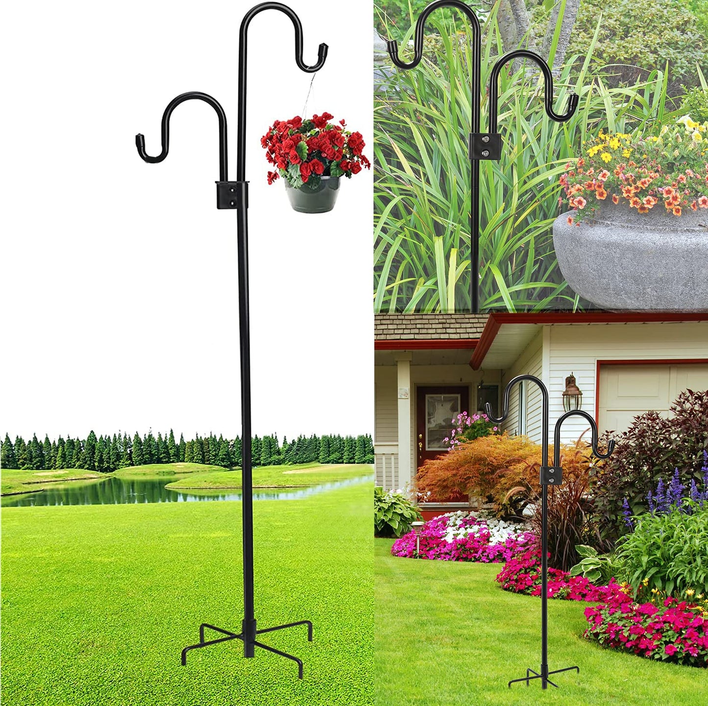 76 inch Double Shepherds Hook with 5 Prongs, Heavy-Duty Metal Bird Feeder Pole Stand, 28.5 to 76 inch Adjustable Garden Holder for Hanging Plant, Wind Chimes, Wedding Garden Outdoor Deco ect
