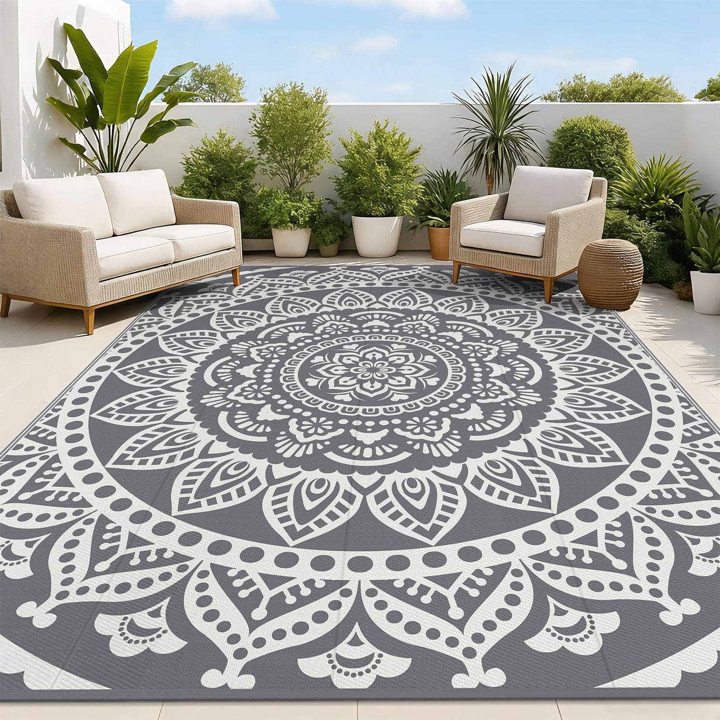 Bsmathom Waterproof Outdoor Rug 8'x10' Reversible Boho Plastic Straw Patio Deck Camping Rugs, Indoor Outdoor Portable RV Mat Clearance Carpet for Outside, Porch, Balcony, Backyard, Beach, Pool