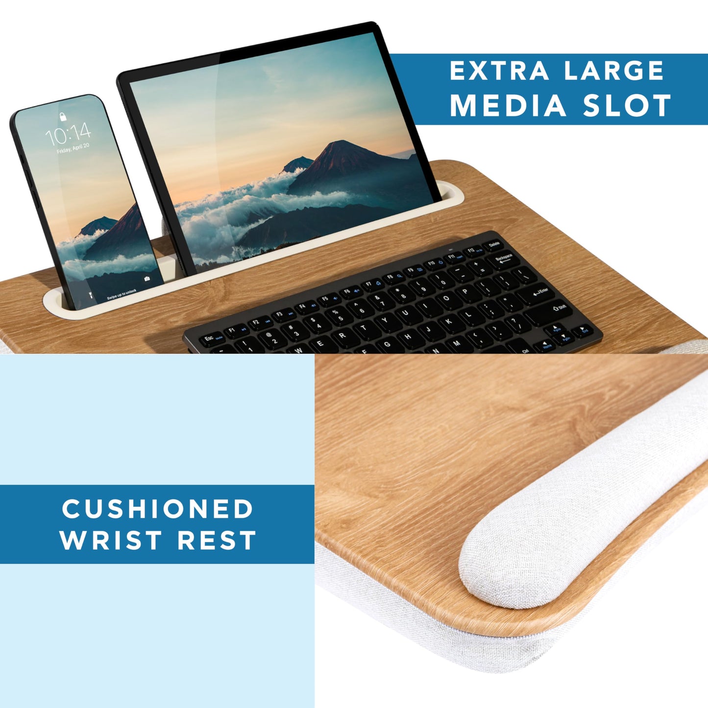 LAPGEAR Portable Laptop Lap Desk with Pillow Cushion, Anti-Slip Strip, Tablet or Phone Storage Slot, Pen and Pencil Pocket, and Wrist Rest - White Oak Woodgrain - Fits 15.6" Laptops - Style No. 91349